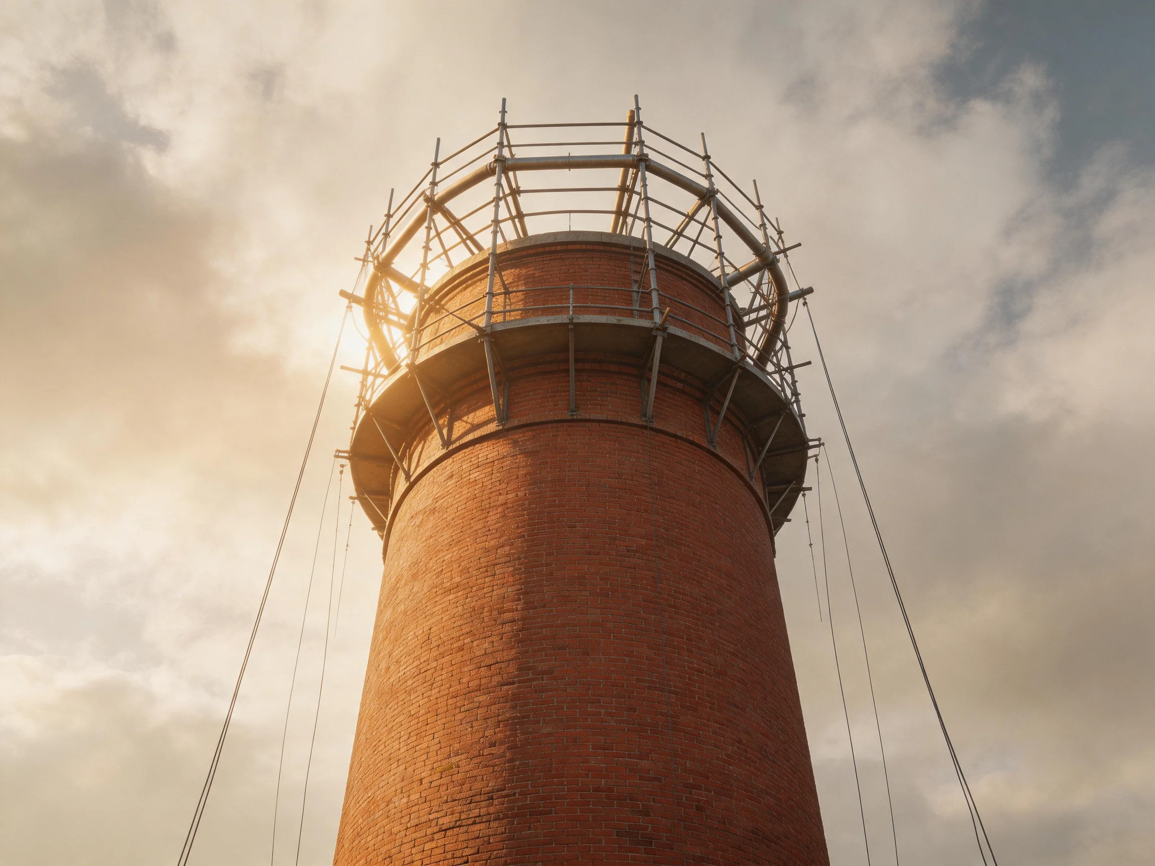 A tall red-brick tower with metal scaffolding under a partly cloudy sky