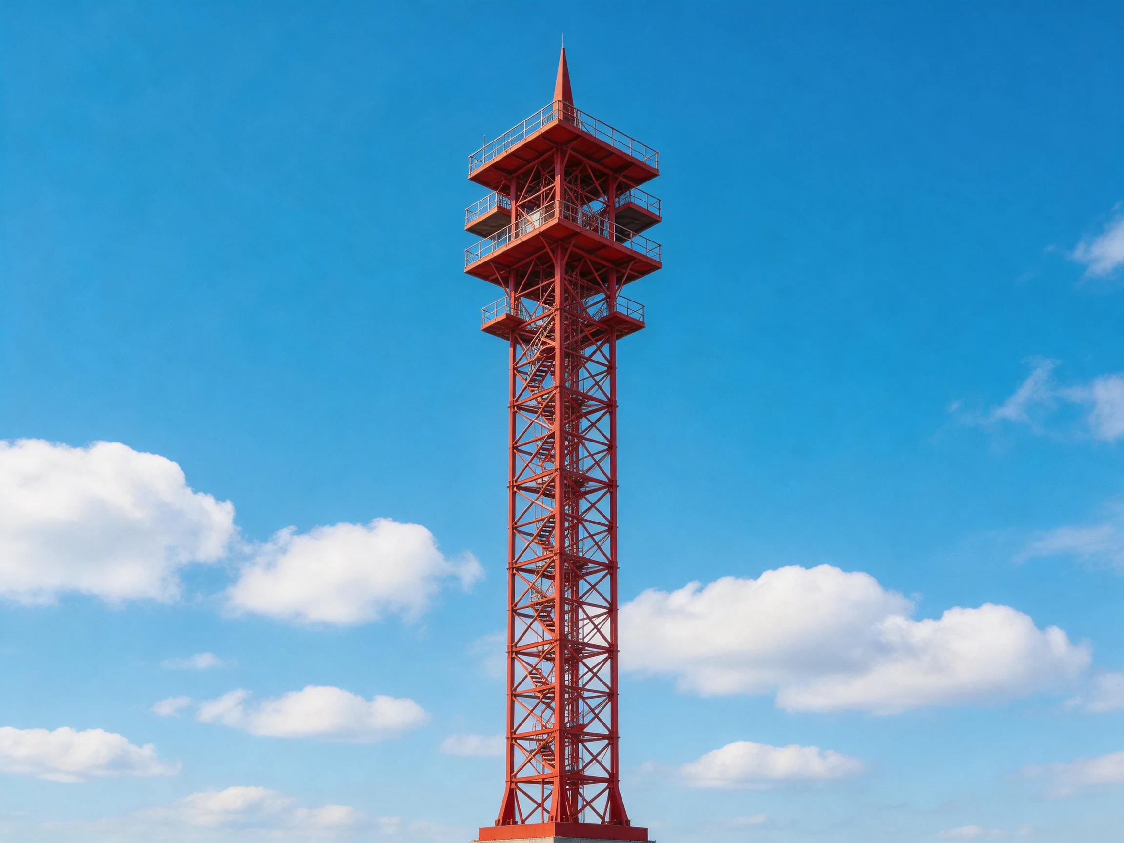 A tall red metal observation tower against a bright blue sky