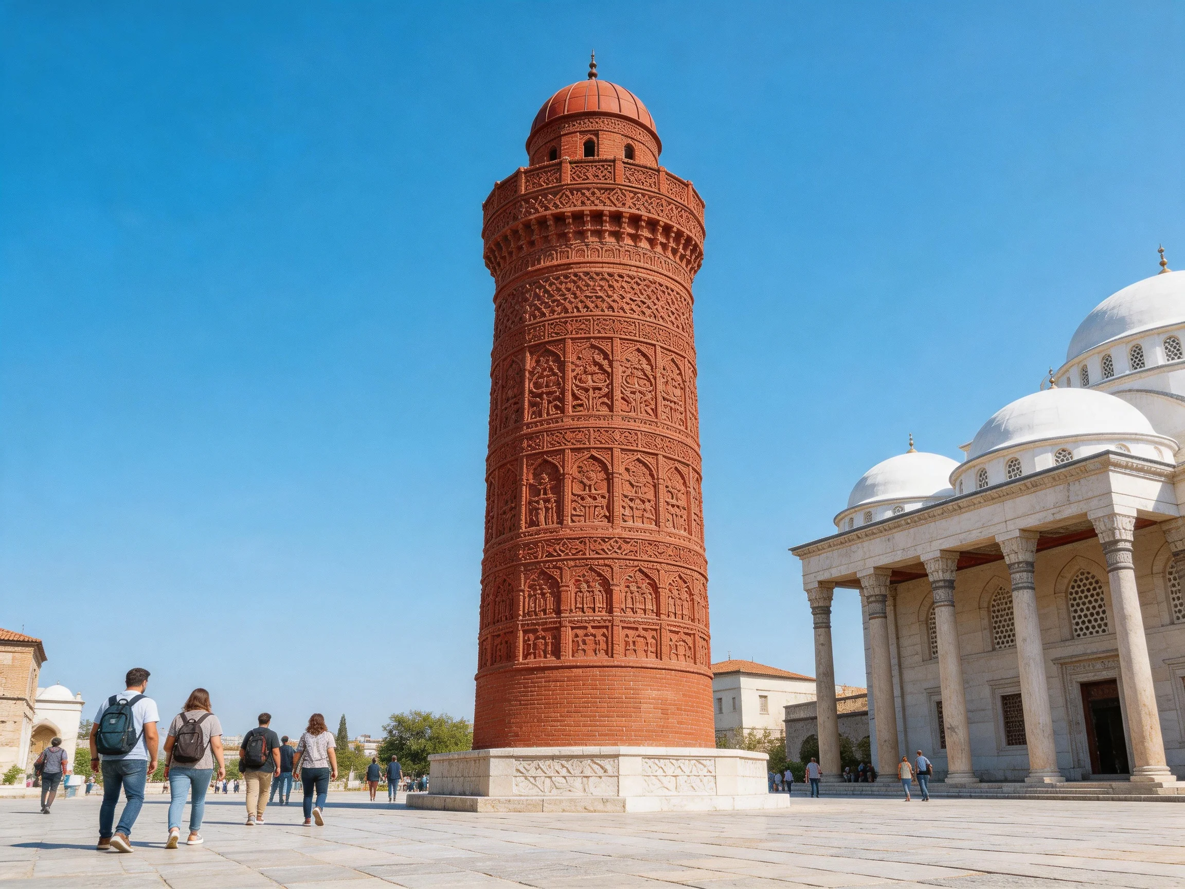 A tall reddish-brick tower near white domed structures