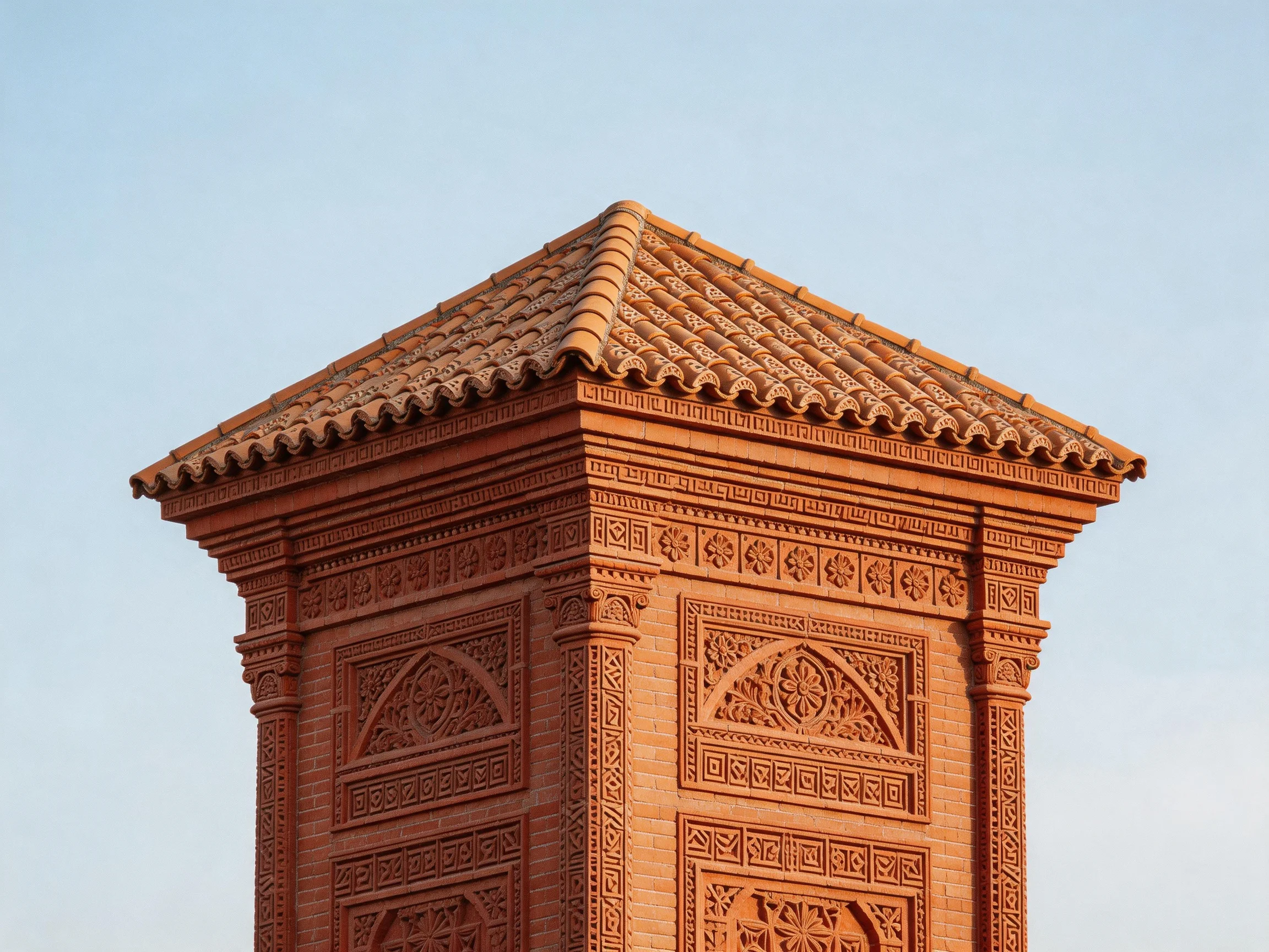 A tall reddish-brick tower with ornate carvings and terracotta roof