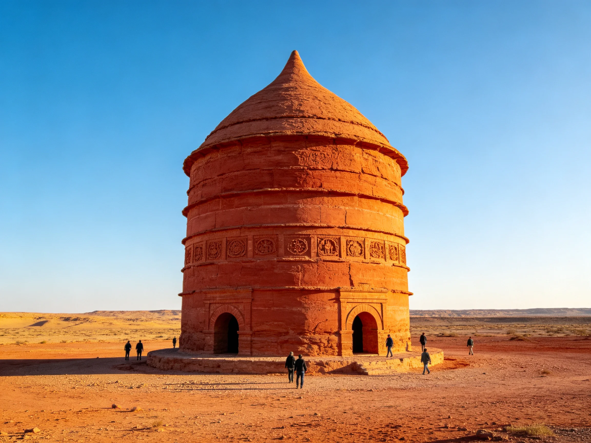 A tall, reddish-brown ancient tower in vast desert terrain