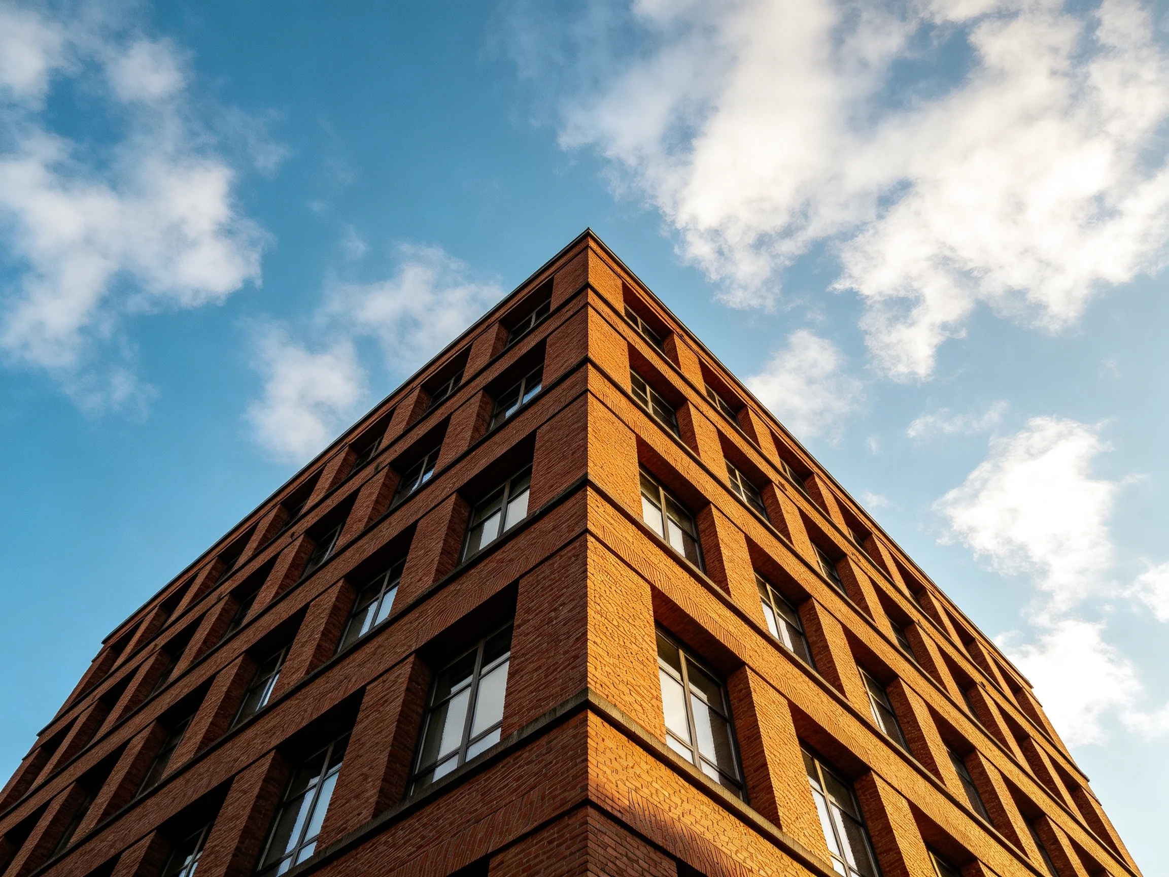 A tall reddish-brown brick building under a bright blue sky with scattered clouds