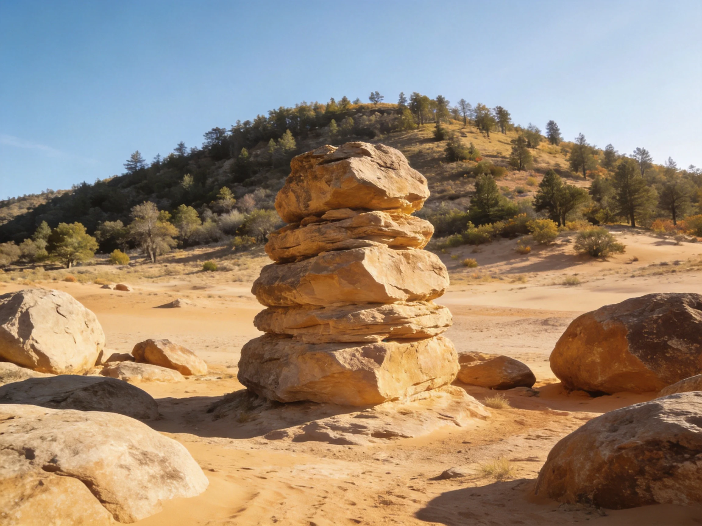 A tall rock cairn stands amid sandy ground near a forested hill