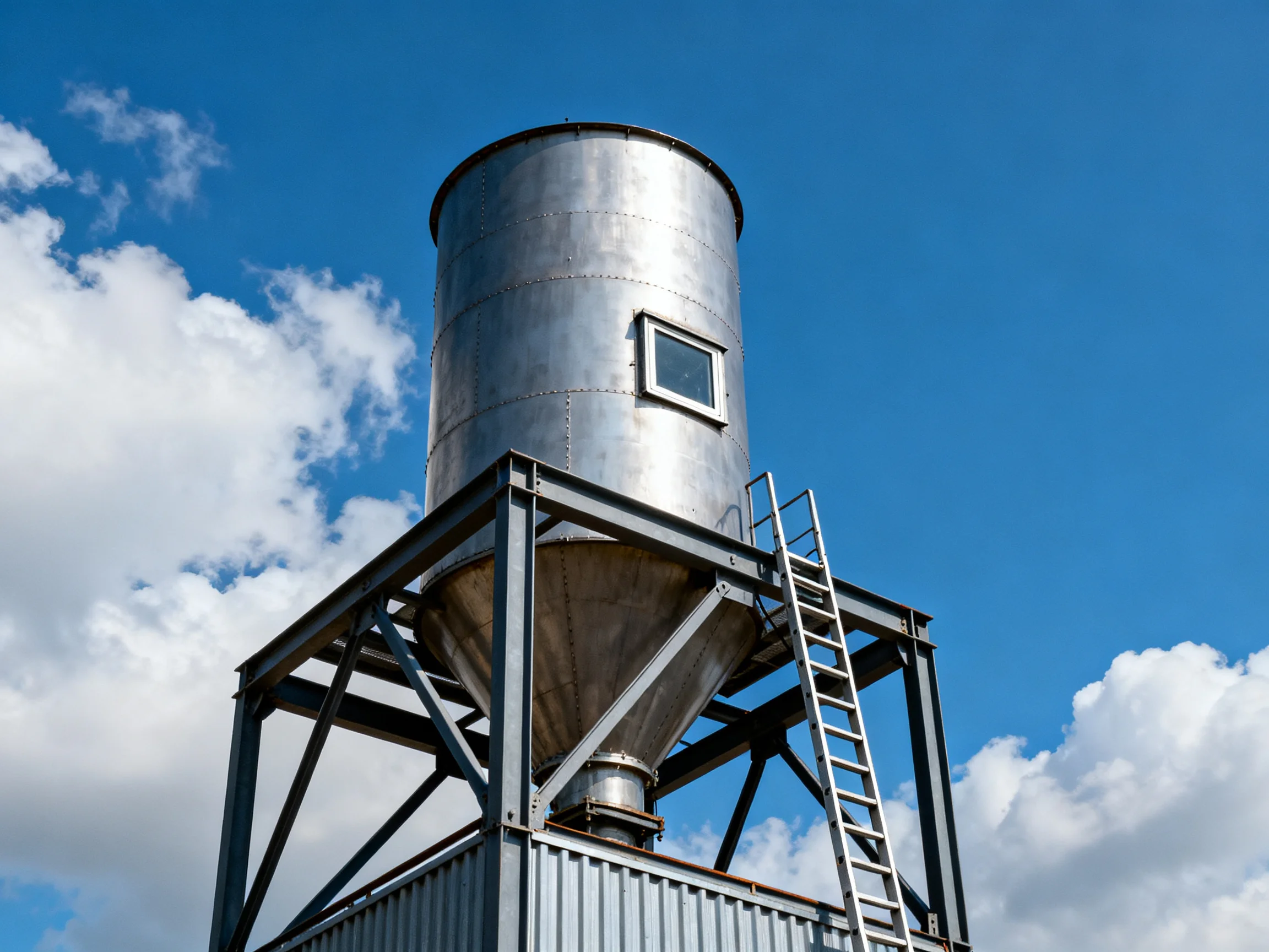 A tall silver cylindrical silo with metal framework under bright blue sky