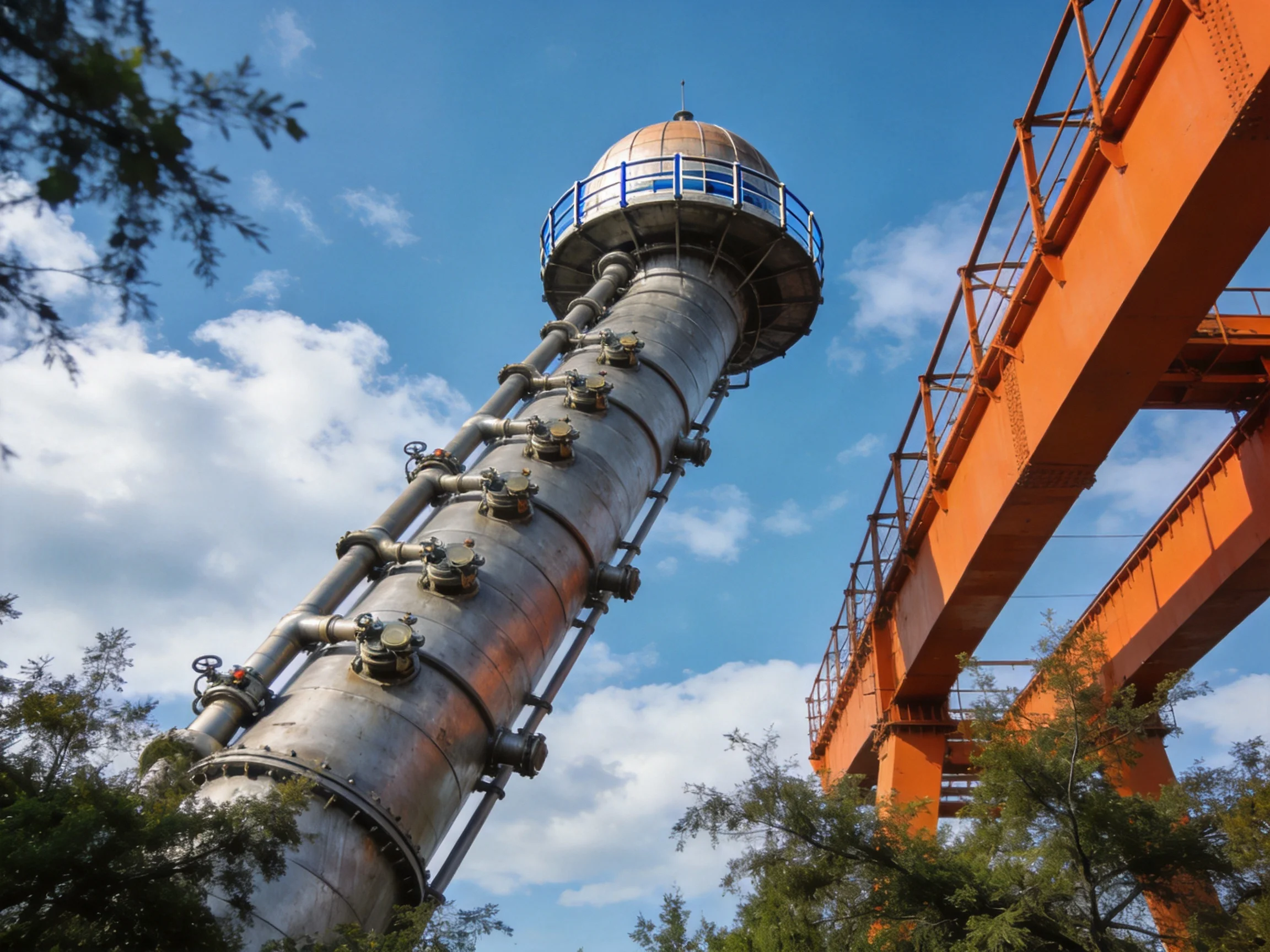 A tall silver industrial tower near an orange metal framework under clear blue sky