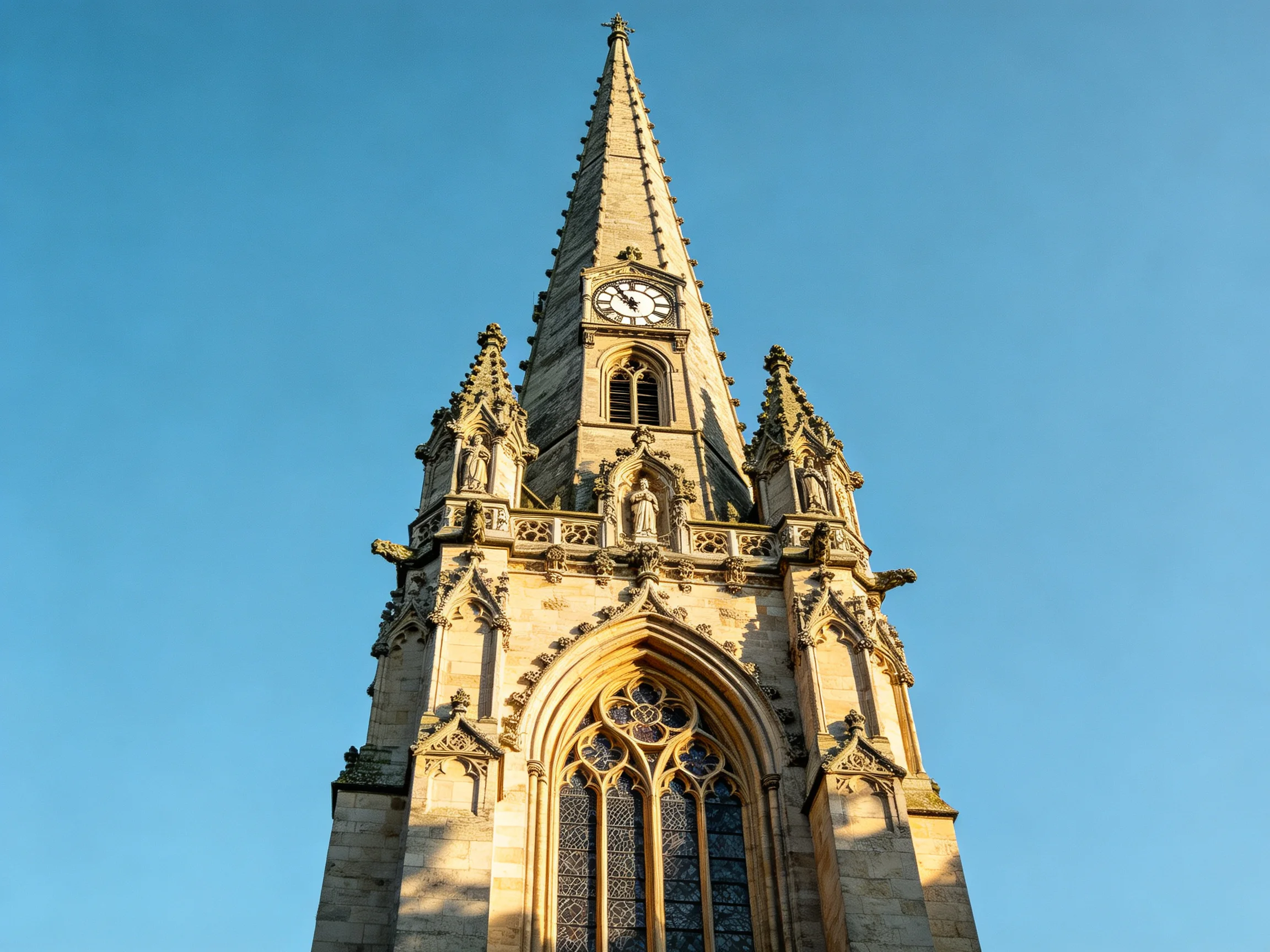 A tall stone Gothic church tower with ornate architectural details