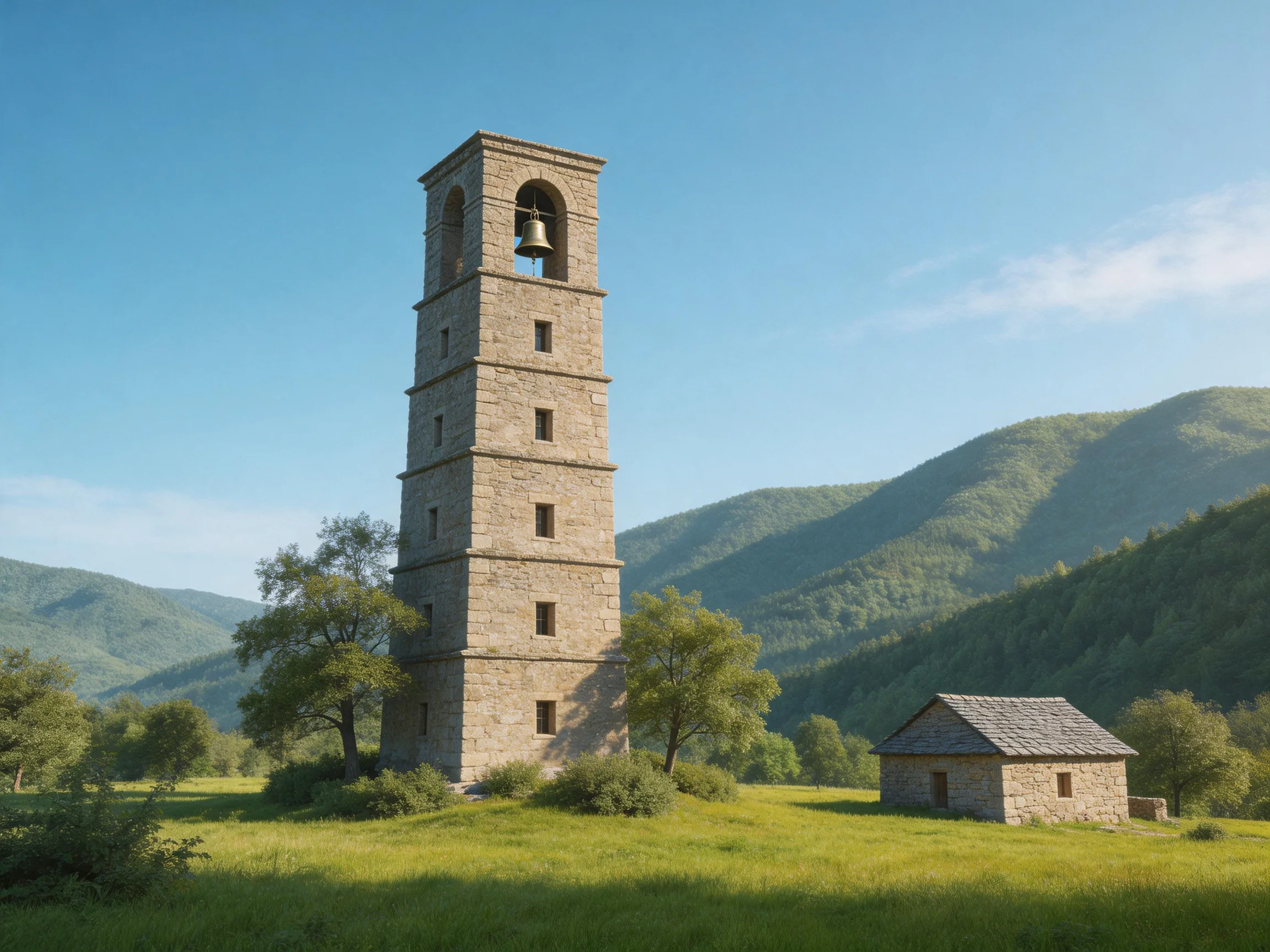 A tall stone bell tower beside a small cottage in verdant fields