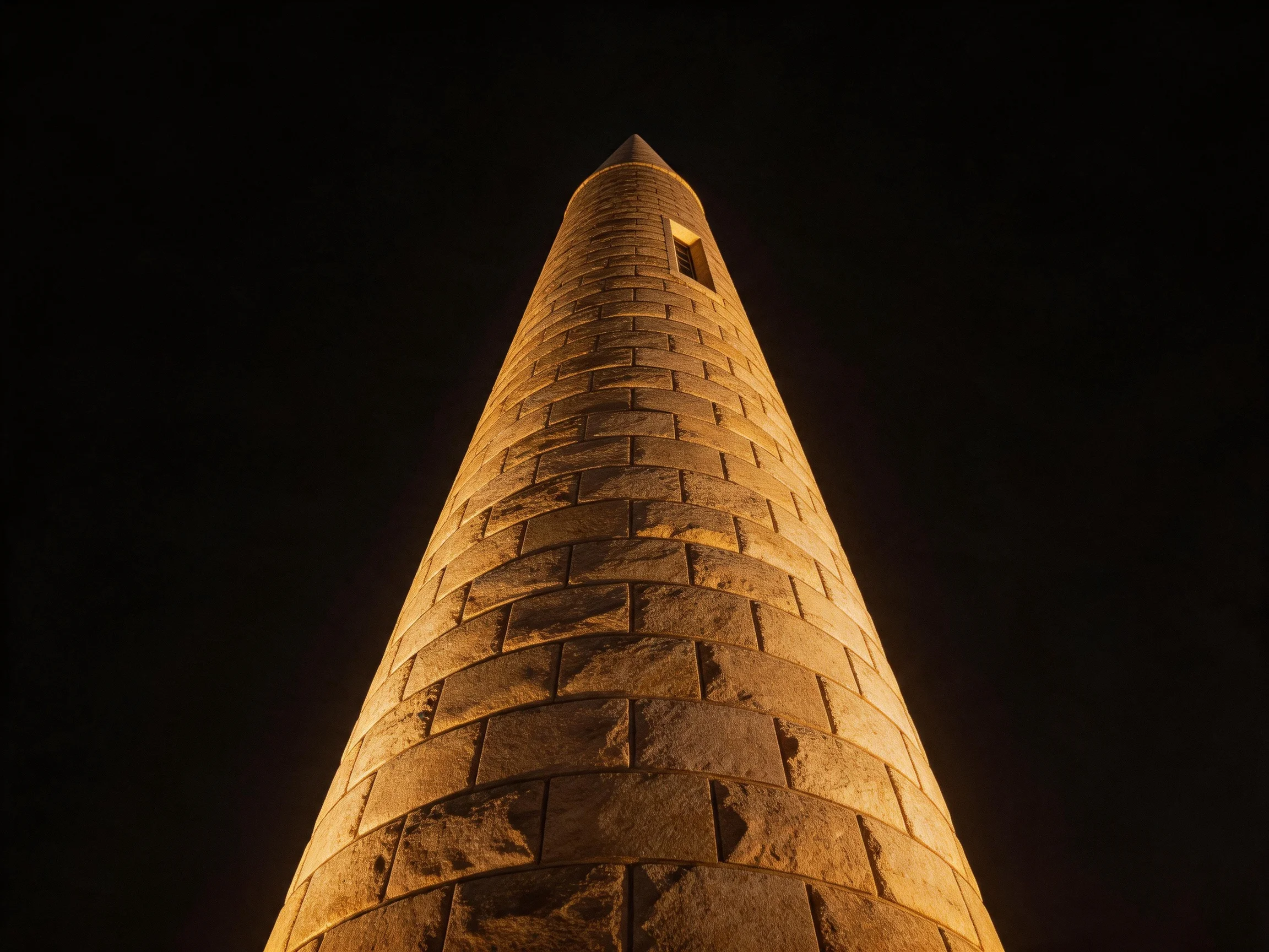 A tall stone tower illuminated against a dark night sky