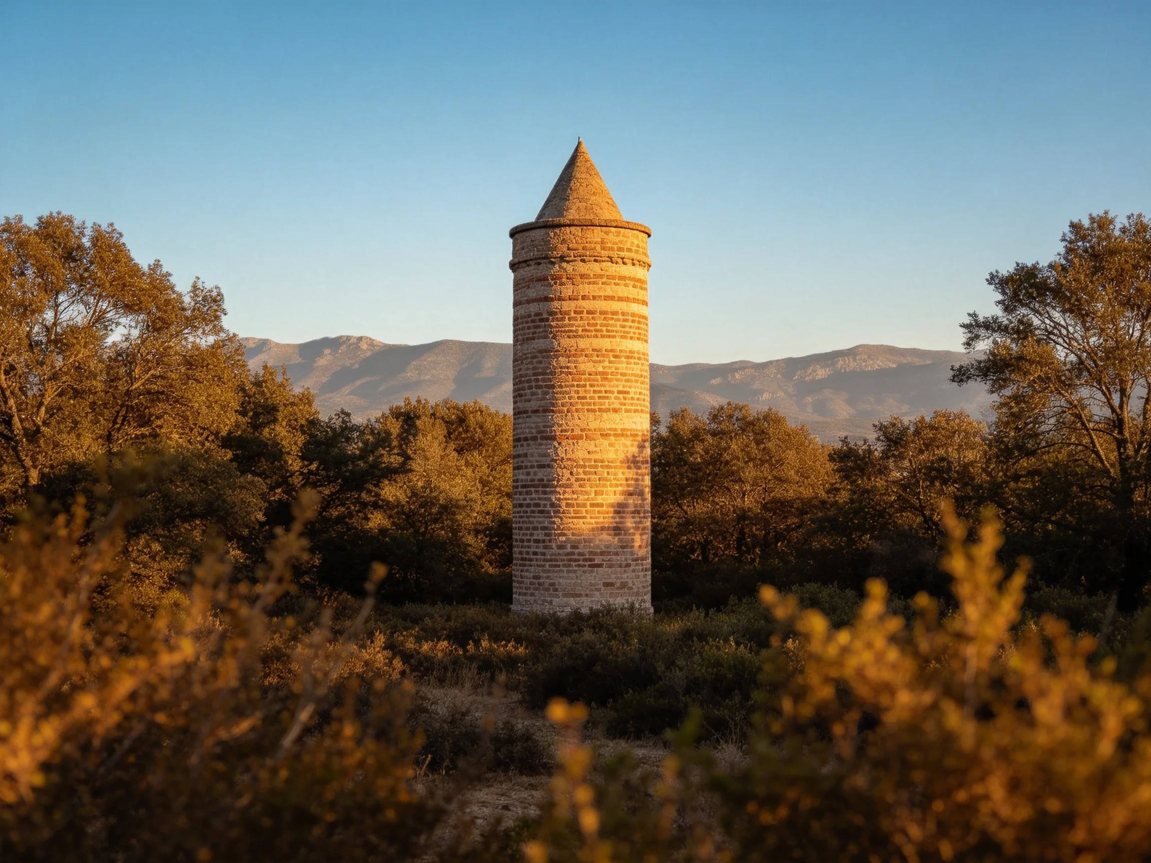 A tall stone tower stands amid golden foliage near distant mountains.