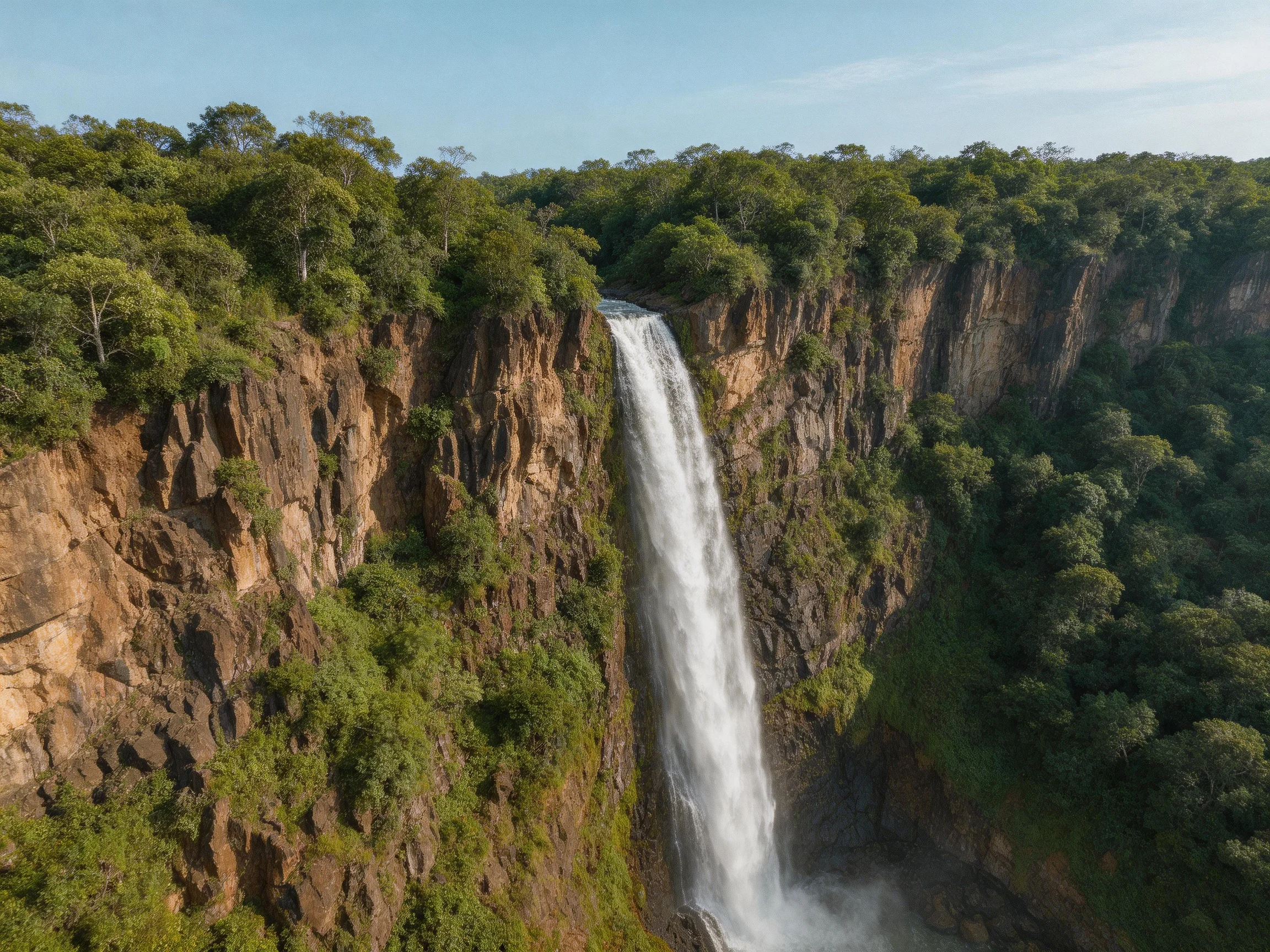 A tall waterfall cascades down rugged brown cliffs with lush greenery