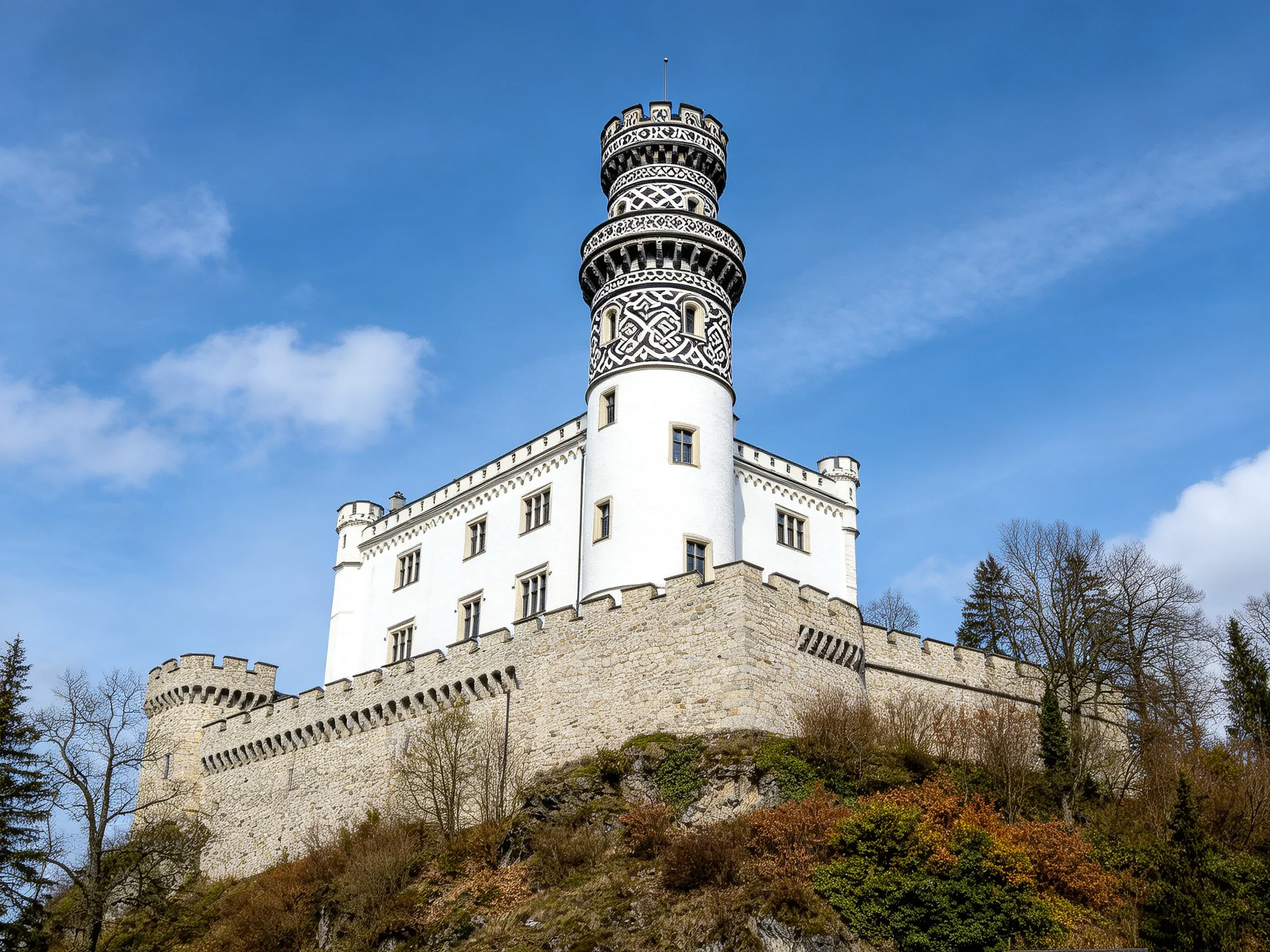 A tall white castle tower atop ancient stone walls under bright blue sky
