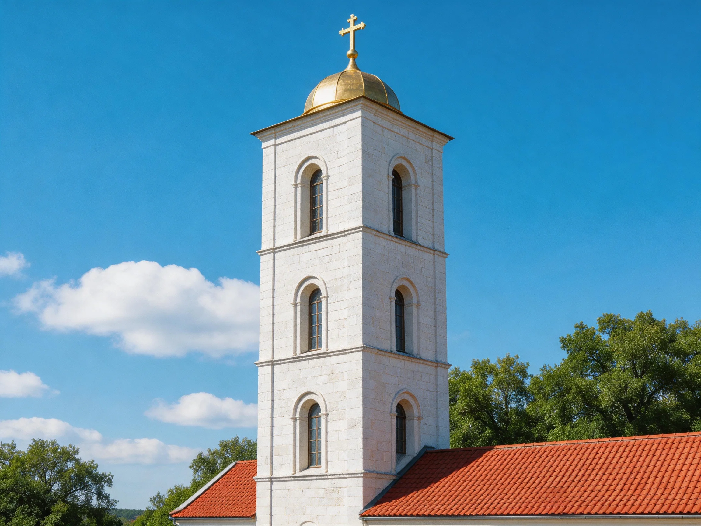 A tall white church tower with golden dome and red roof under clear blue sky
