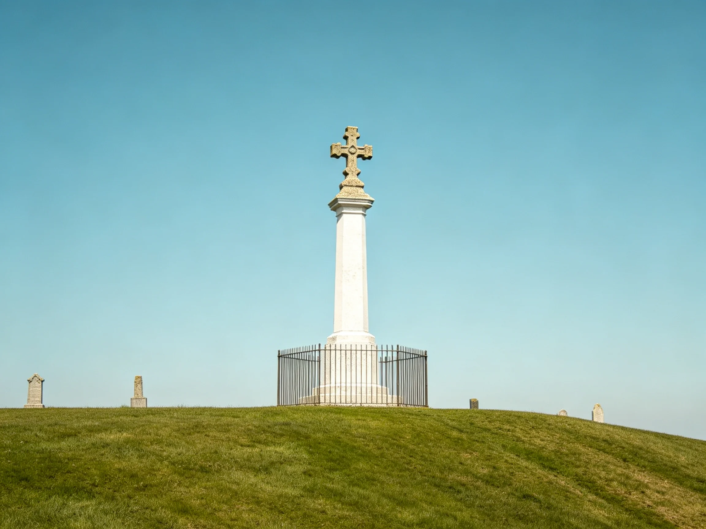 A tall white monument with a golden cross on a green hill under blue sky