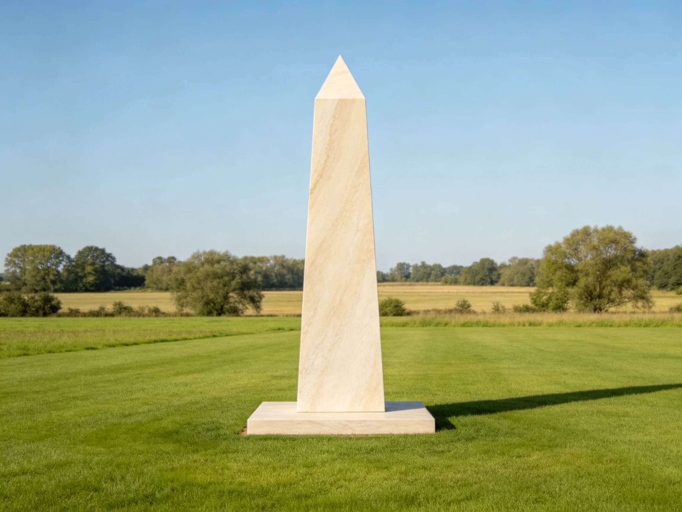 A tall white stone obelisk stands alone in a green meadow