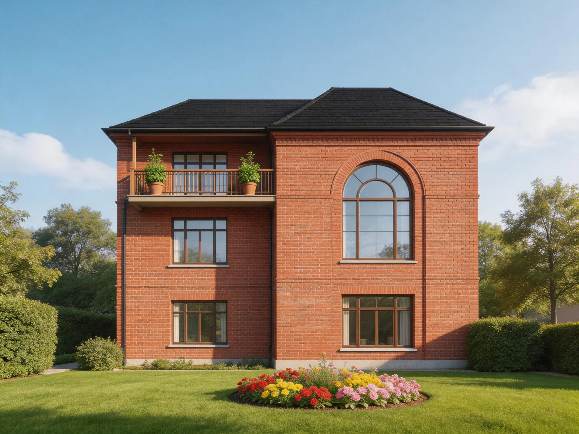 A three - story red - brick house with black roof and flower bed