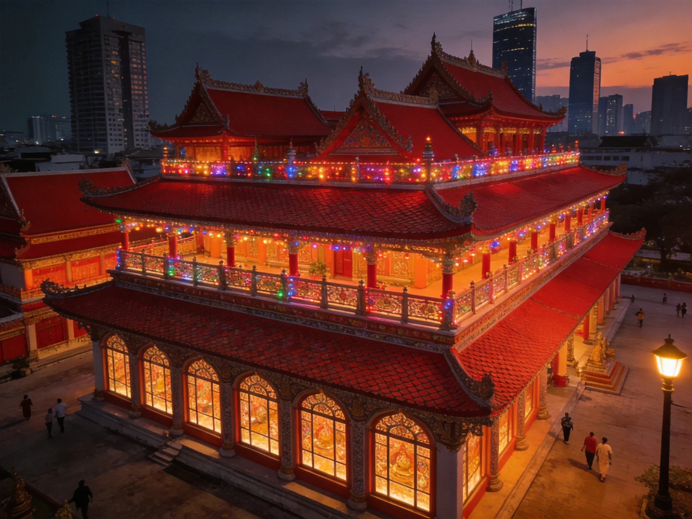 A three - story red temple adorned with colorful lights at dusk
