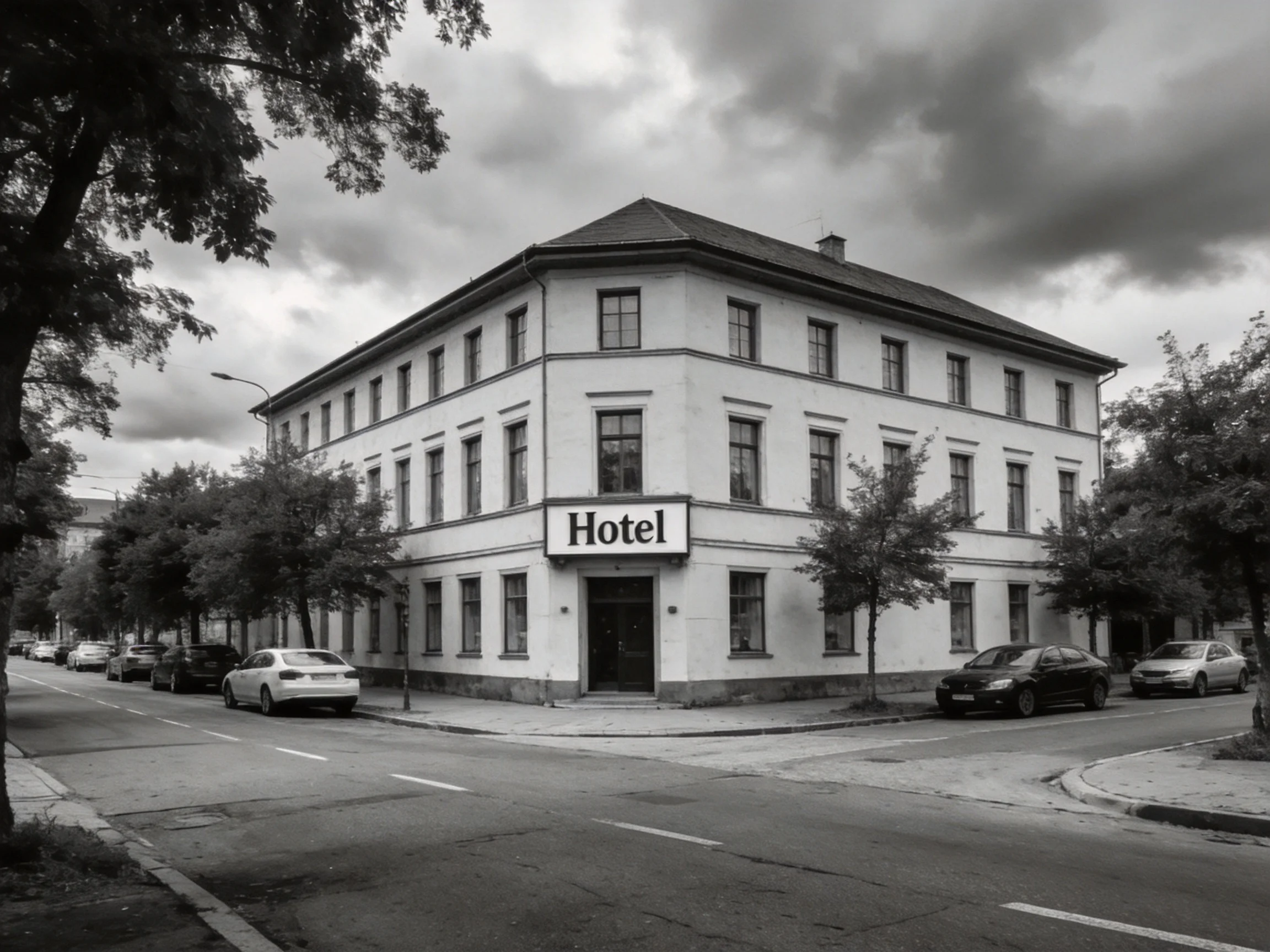 A three - story white hotel building at a street corner with parked cars
