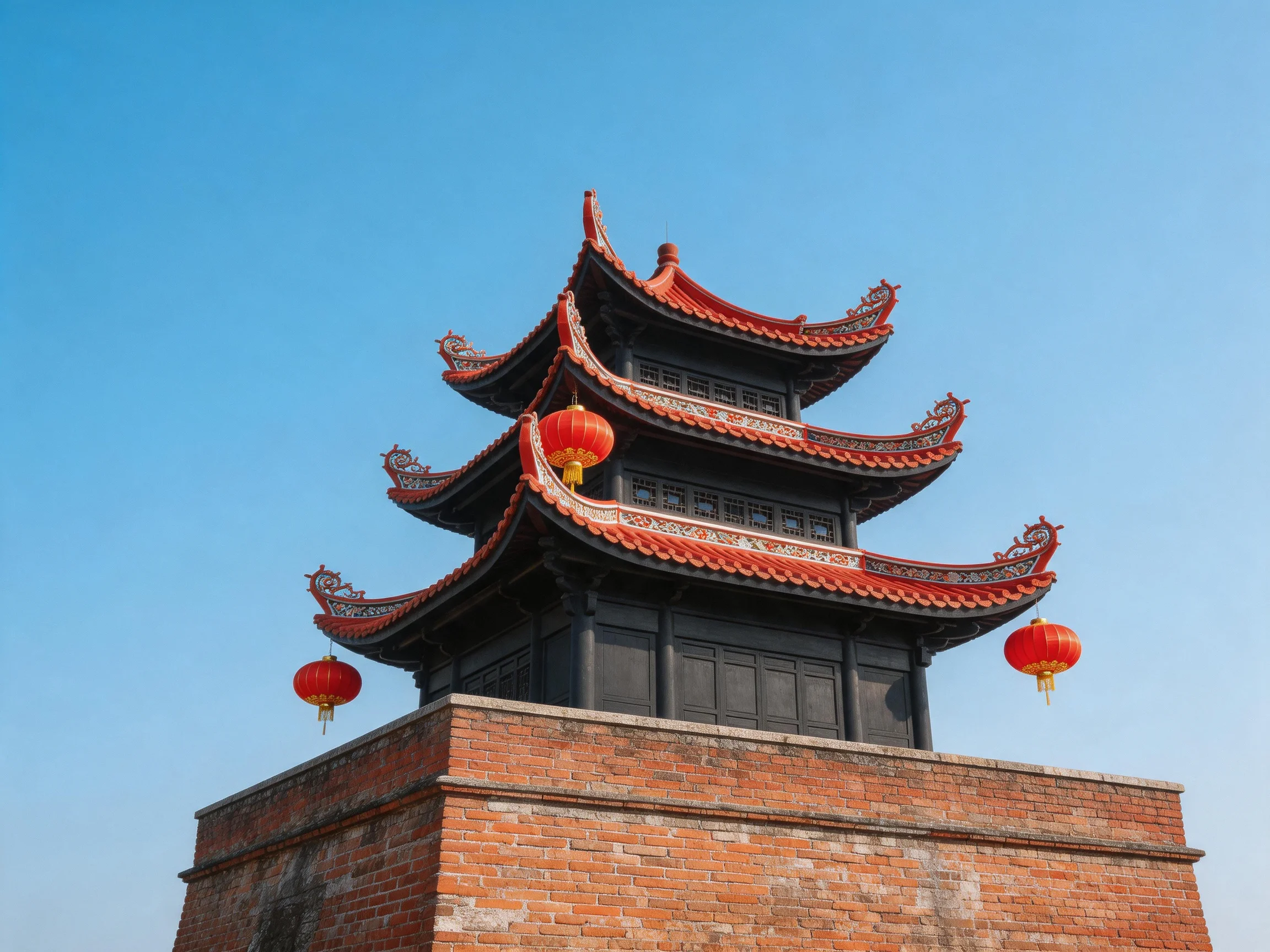 A three-tiered black pagoda with red lanterns atop a brick structure