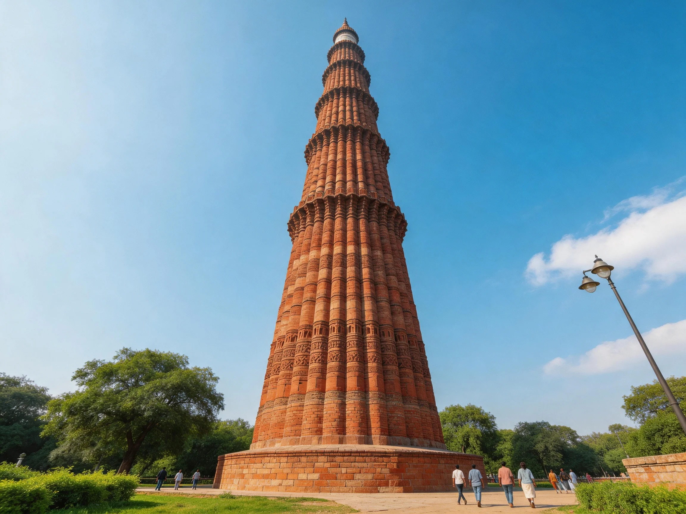 A towering ancient brick minaret against a clear blue sky