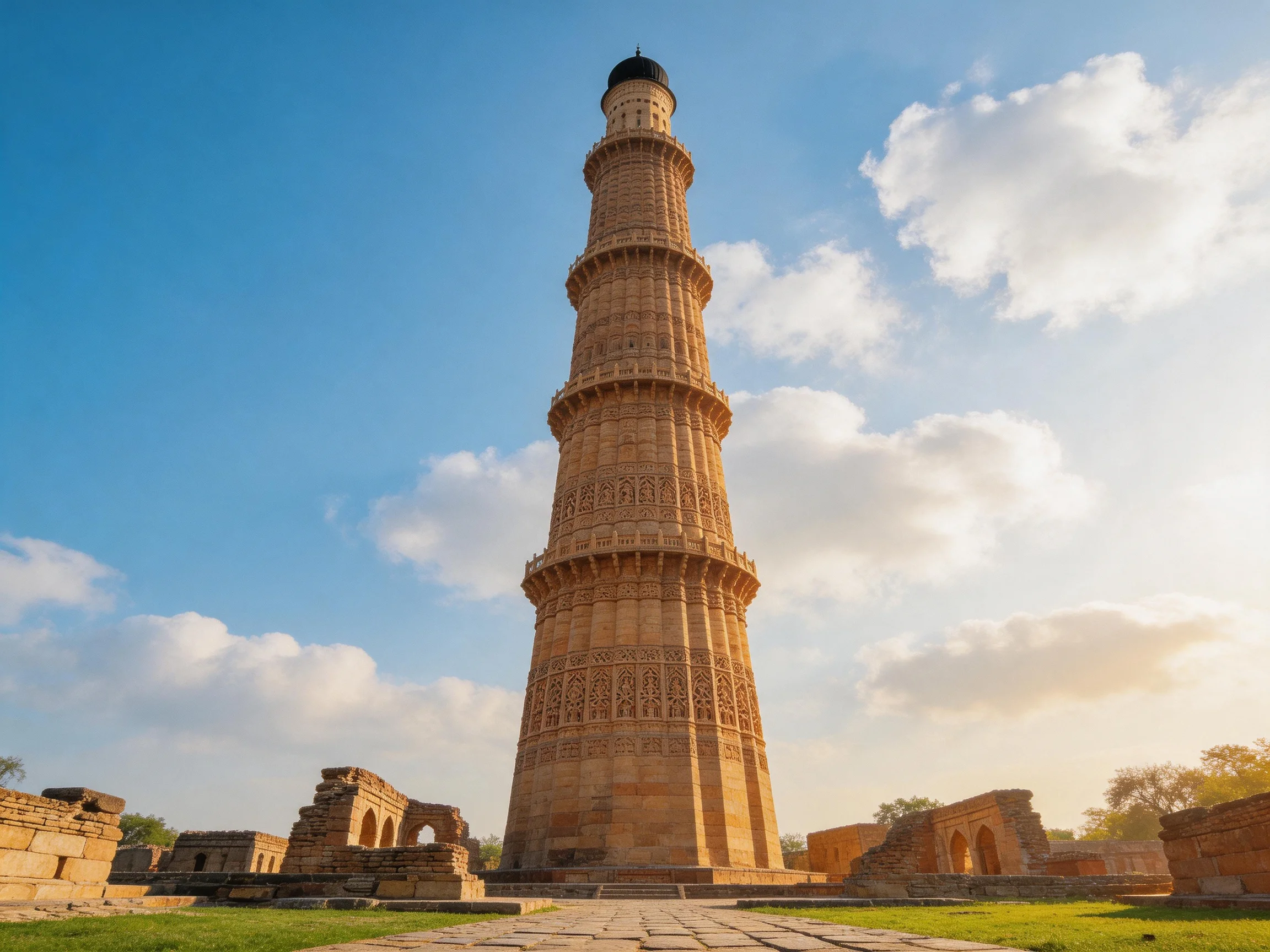 A towering ancient stone minaret surrounded by weathered ruins under bright sky