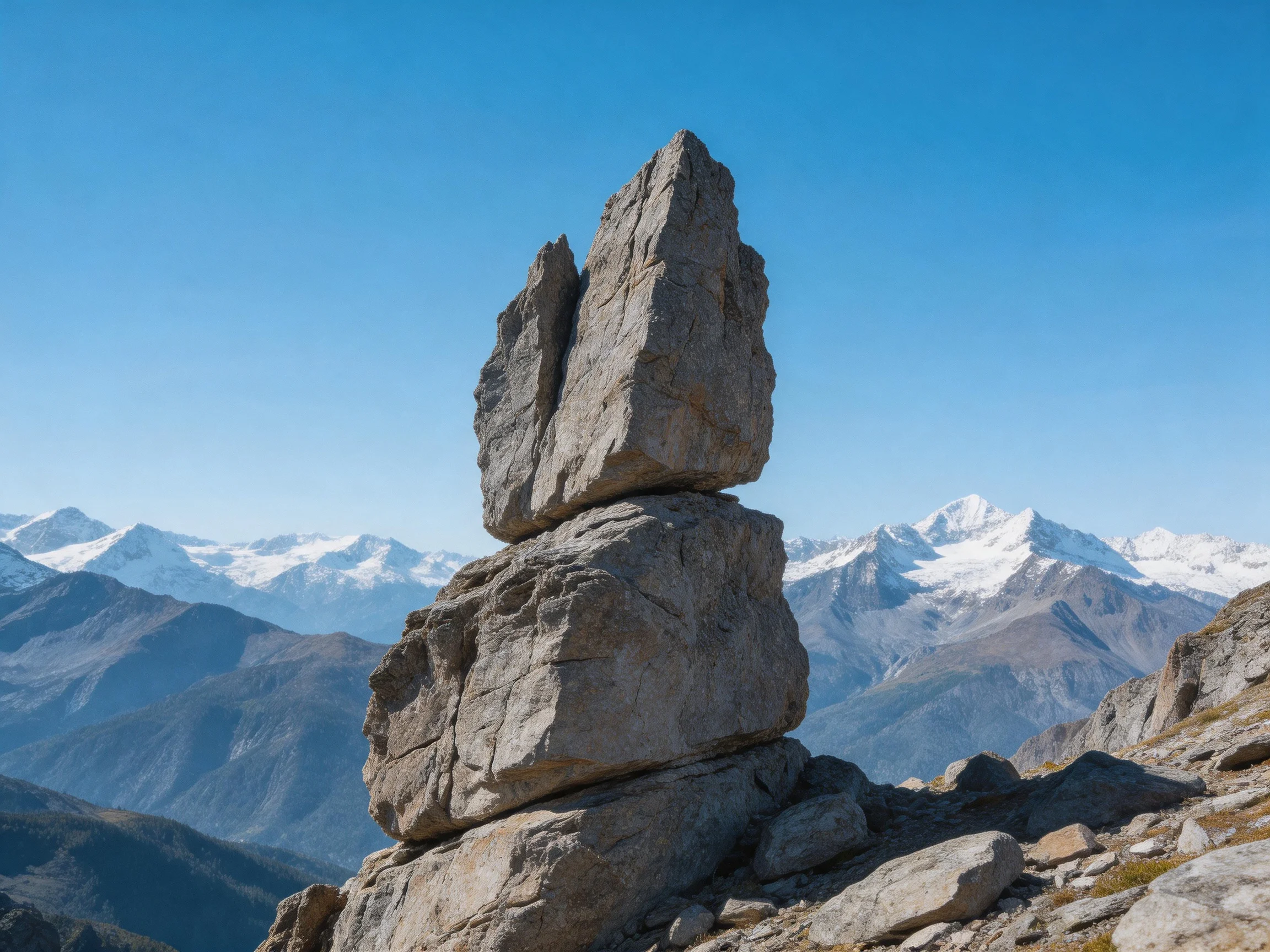 A towering balanced rock formation against snow-capped mountain peaks