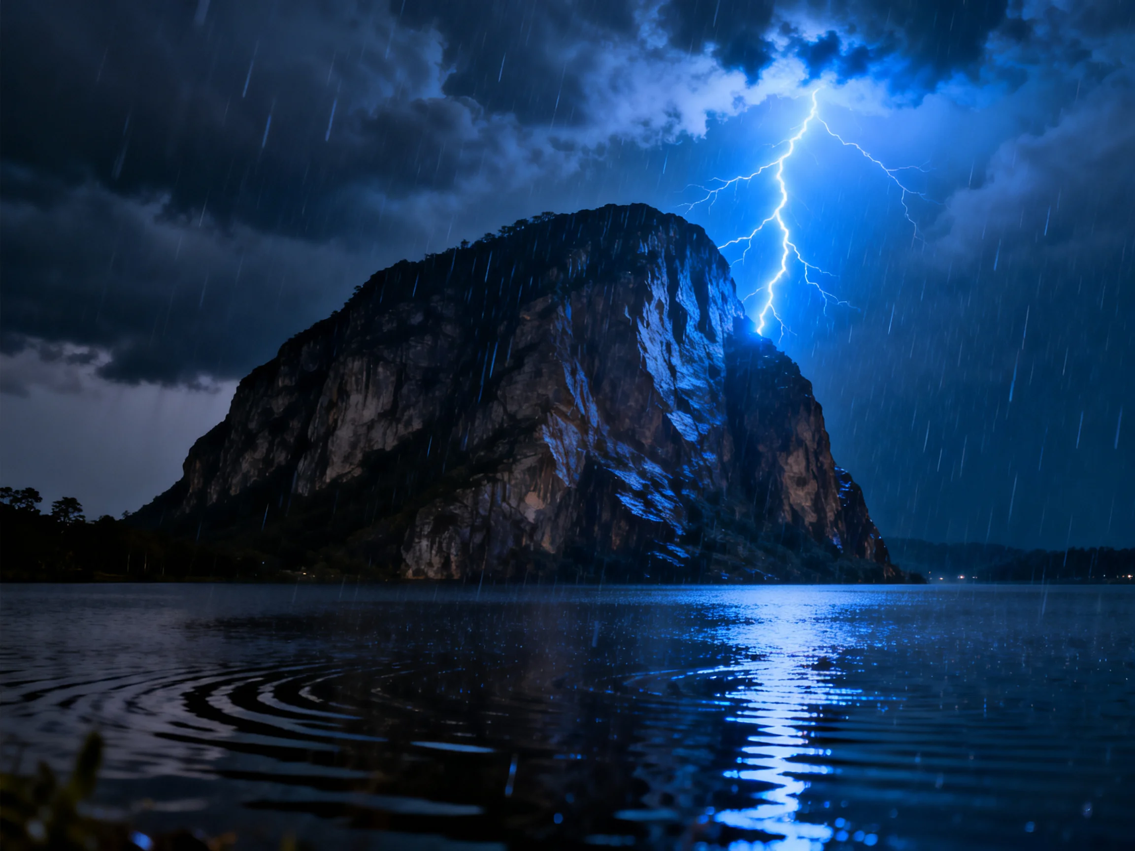 A towering cliff struck by lightning during stormy night with rain over water
