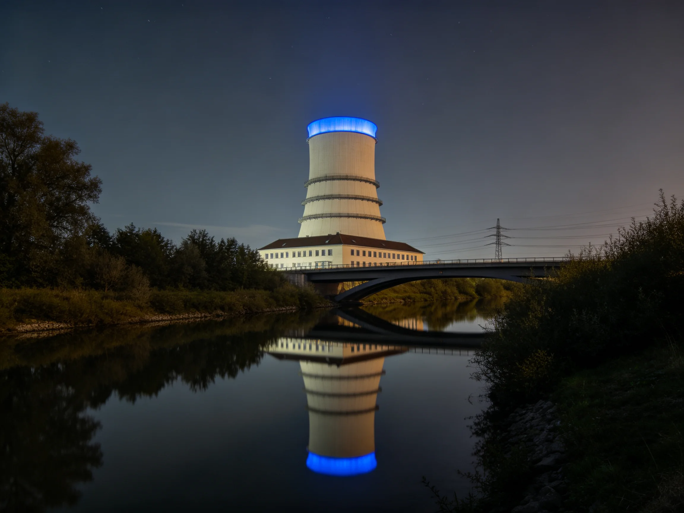 A towering cooling tower with blue illumination reflects over calm water