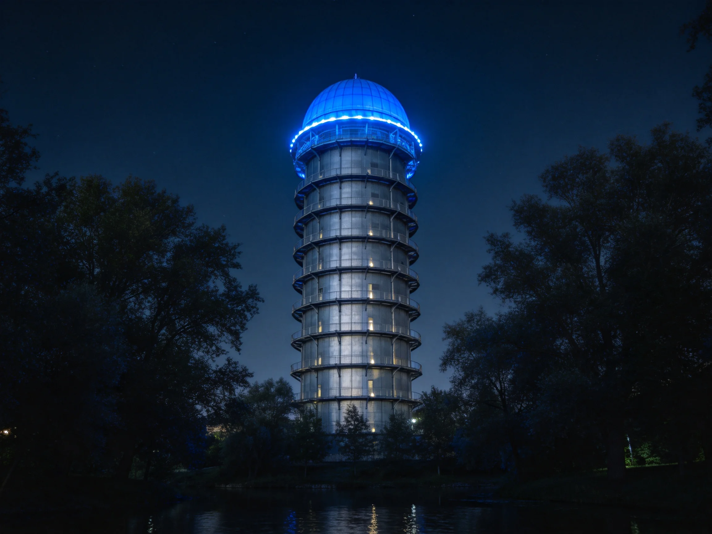 A towering glass structure with a glowing blue dome at night