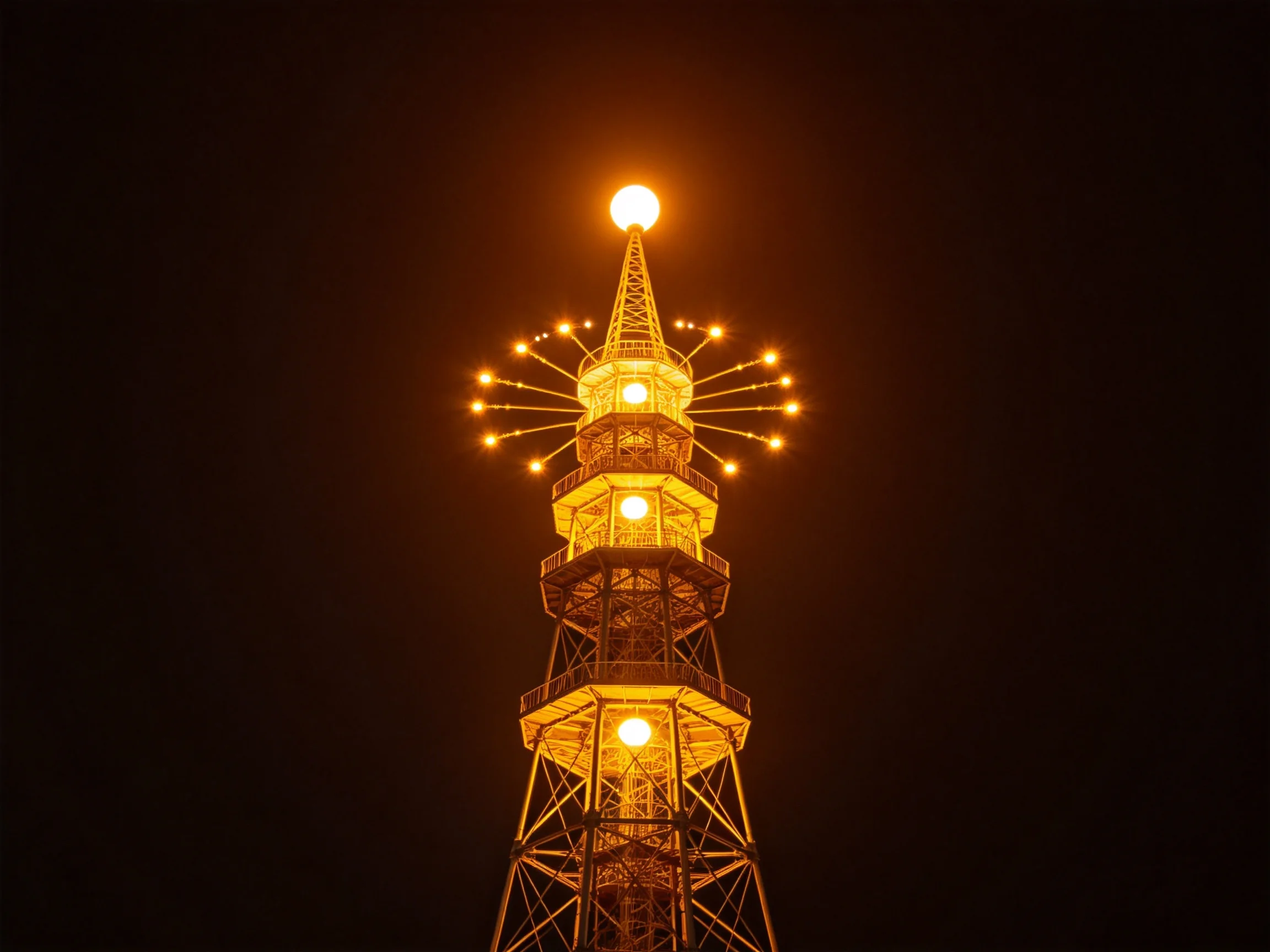 A towering iron tower illuminated with golden lights against a dark sky