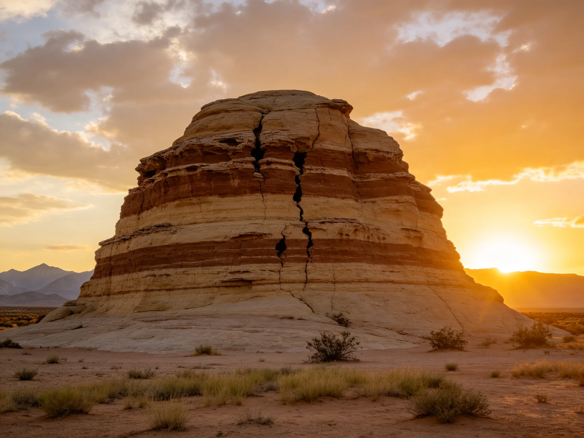 A towering layered rock formation in a desert at golden sunset
