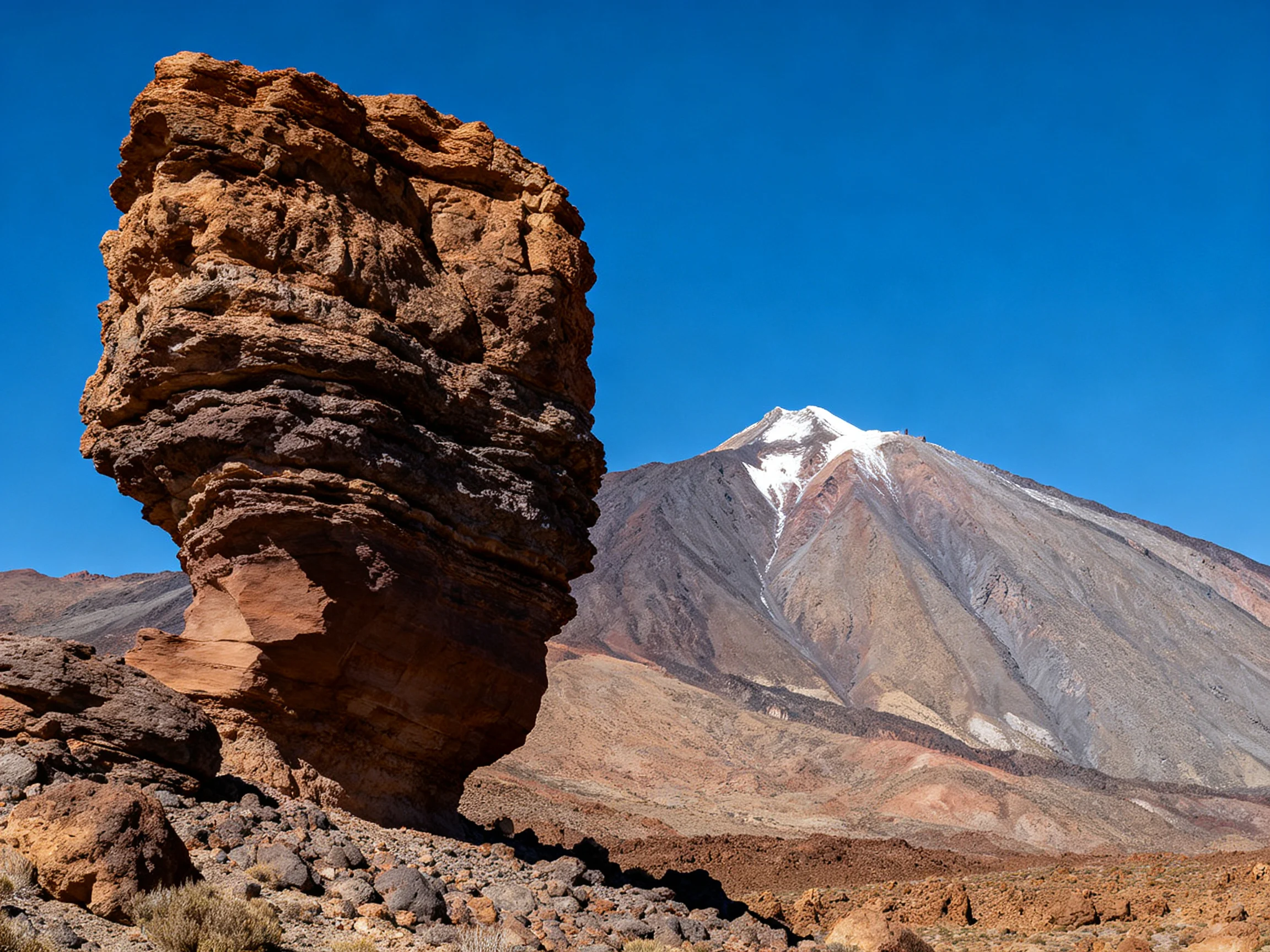 A towering, layered rock formation near a snow-capped volcanic mountain