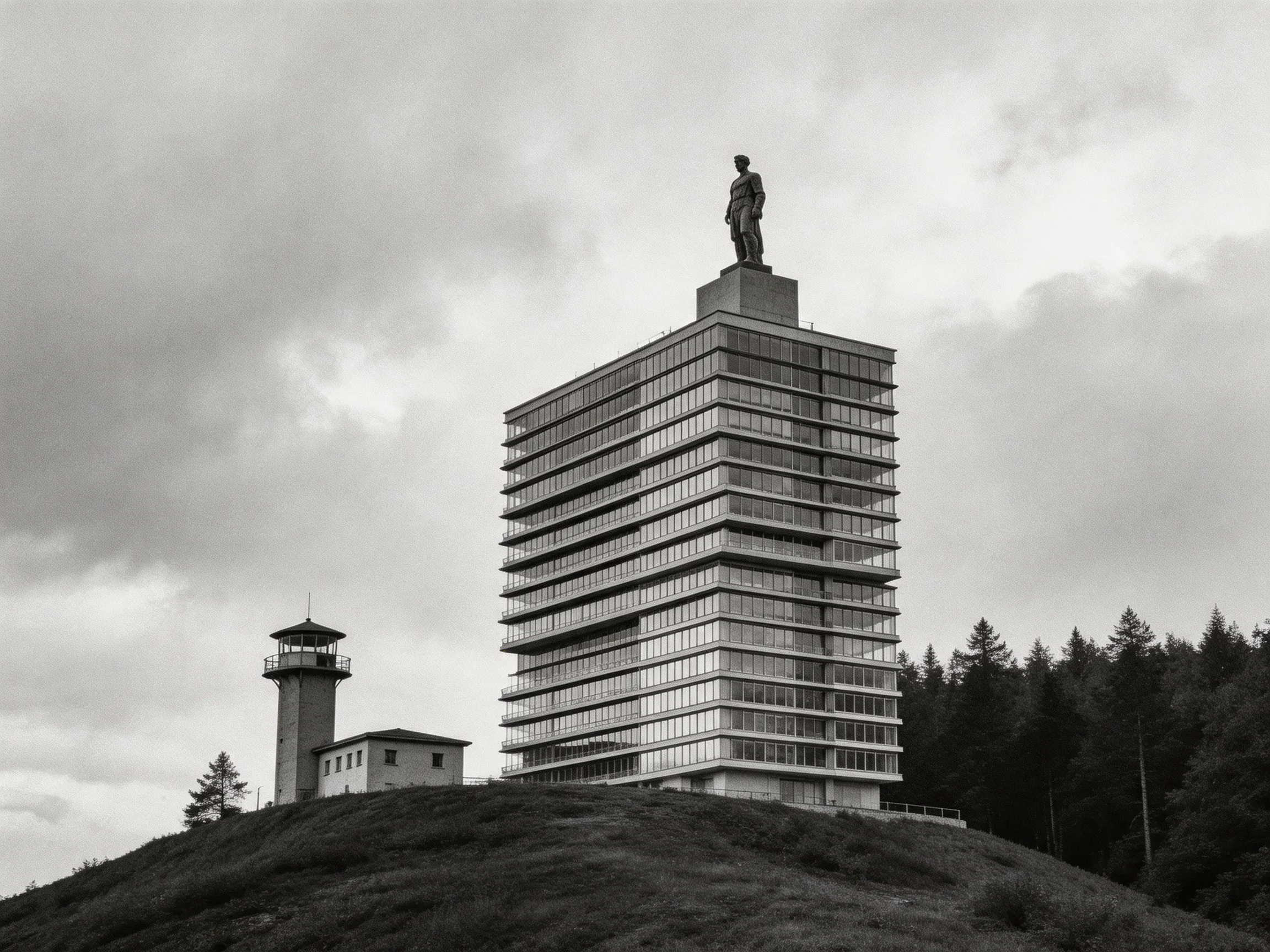 A towering modernist building with a statue atop sits beside a small tower on a hill