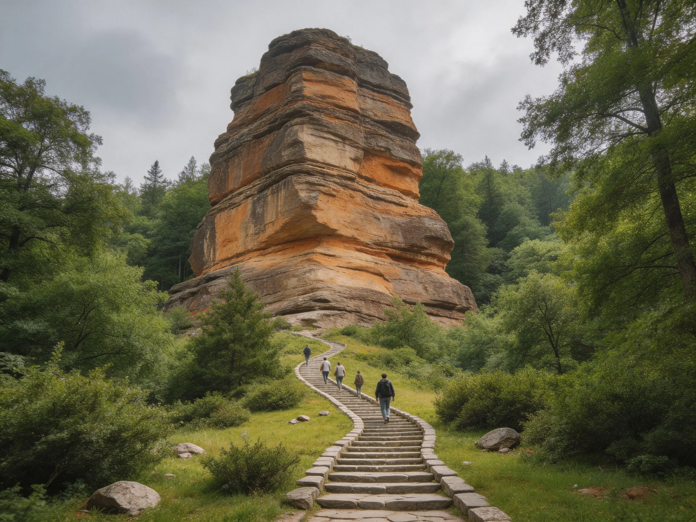 A towering multicolored rock formation in lush green surroundings