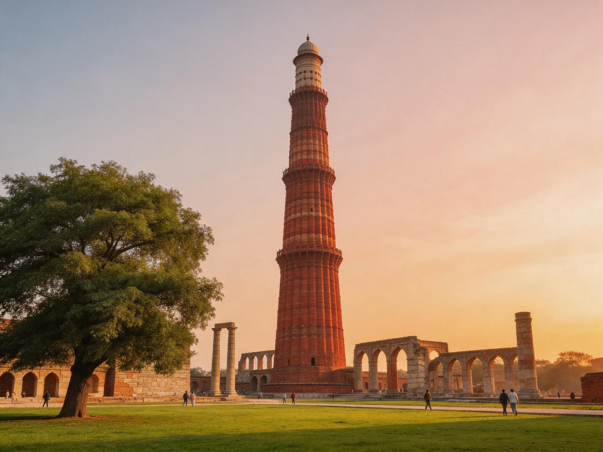 A towering red minaret stands amid ancient stone ruins under a golden sky
