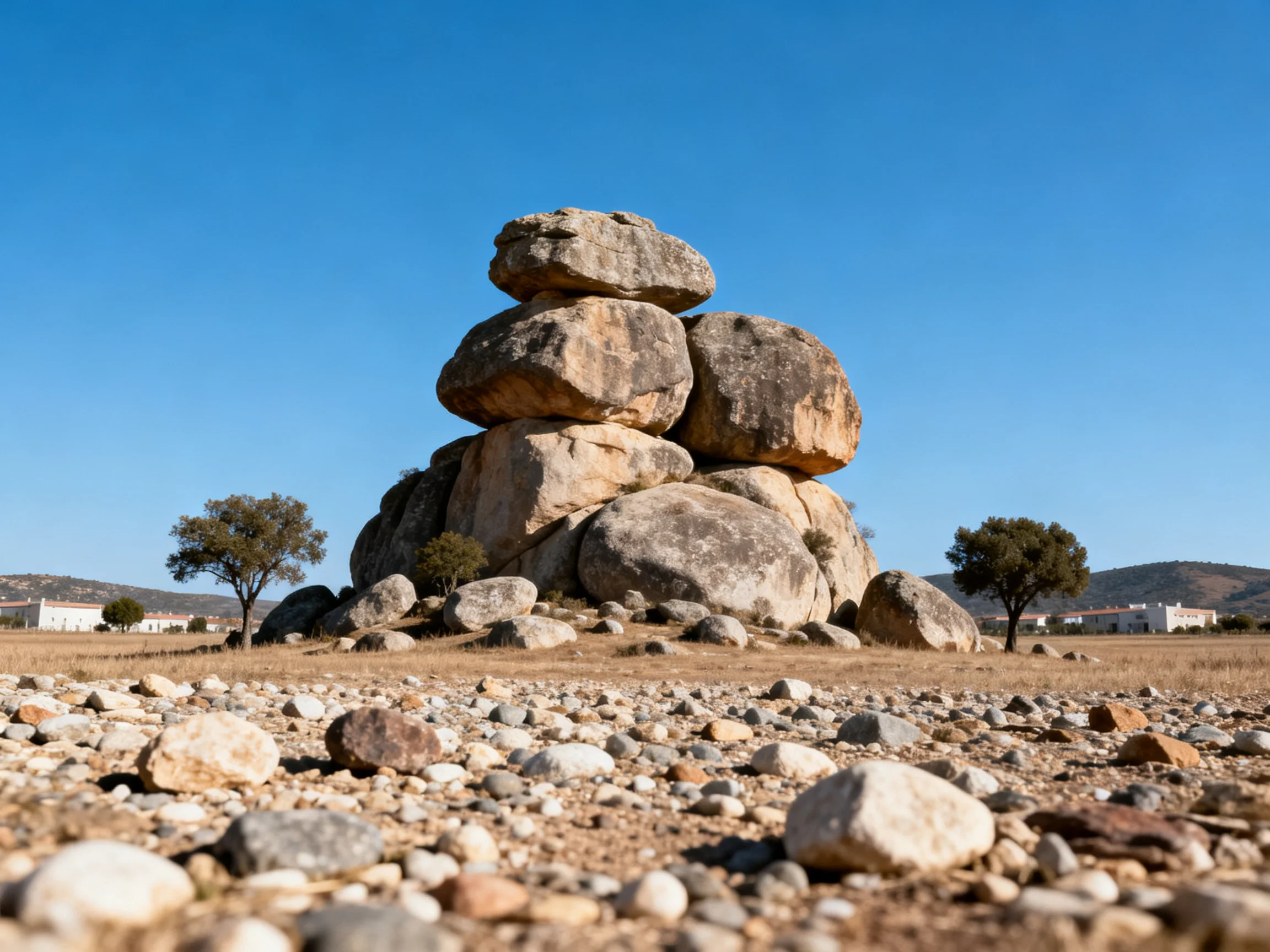A towering rock formation amidst scattered stones and trees under a clear blue sky