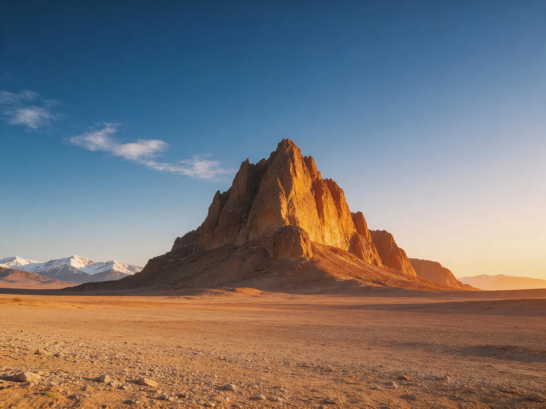A towering sandstone peak dominates a vast desert under a clear blue sky