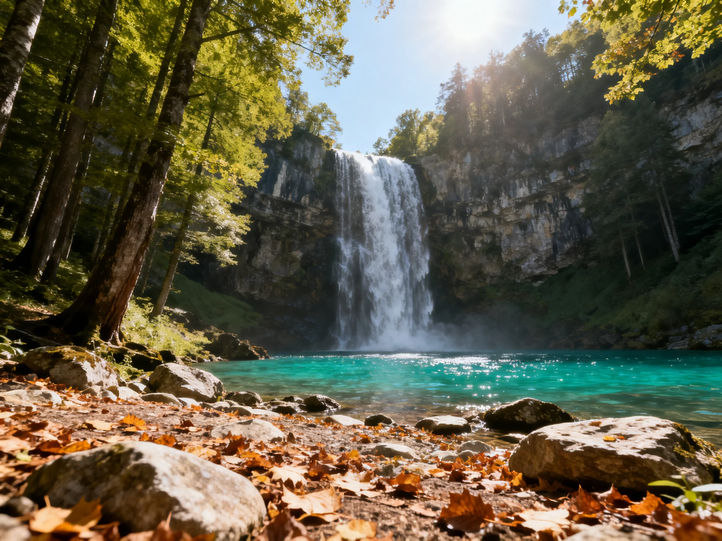 A towering waterfall spills into a turquoise pool near autumnal trees