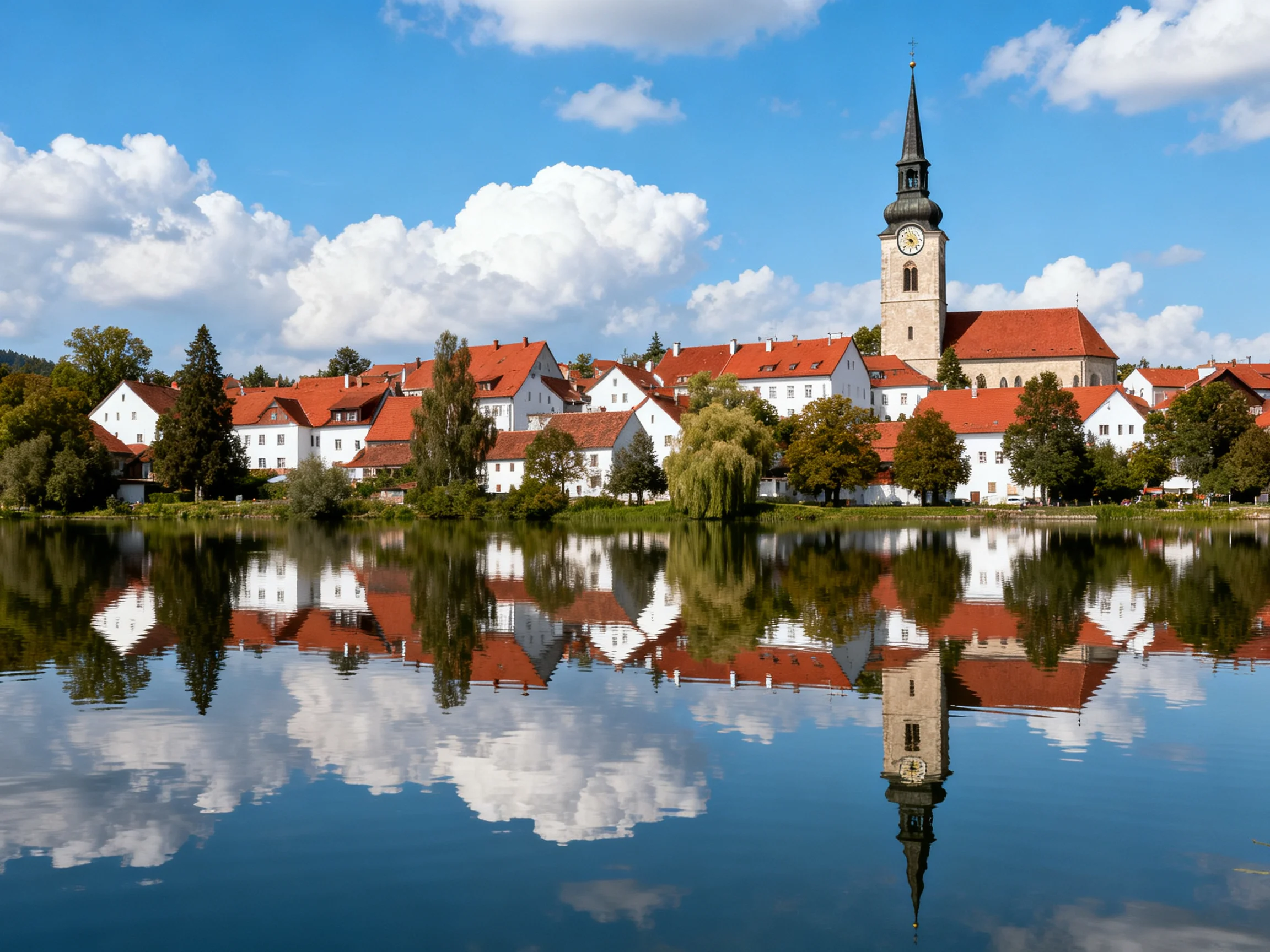 A town with red roofs and a clock tower reflects in blue waters