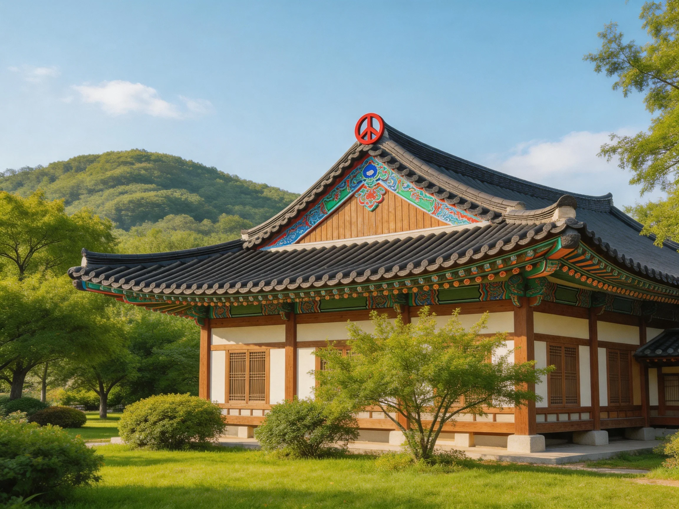 A traditional Korean house with colorful roof decorations near lush hills