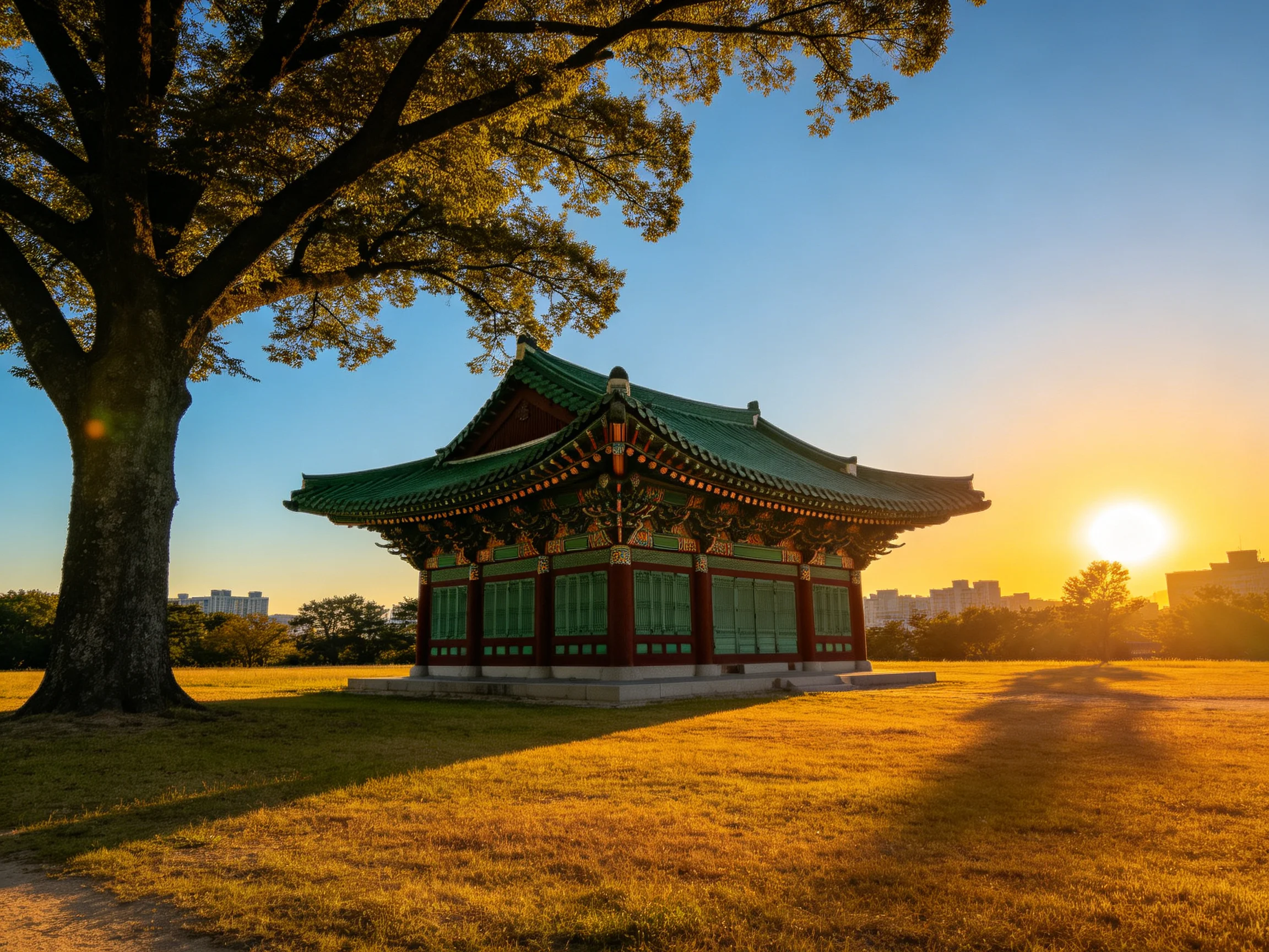 A traditional Korean pavilion with green roof near large tree at sunset