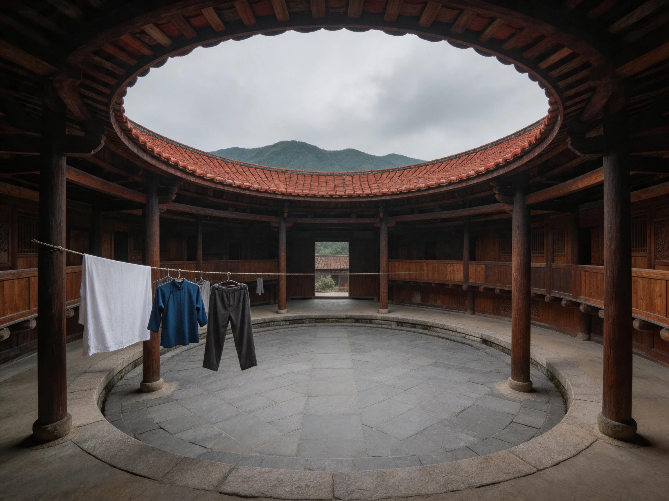 A traditional circular wooden house with clothes hanging inside