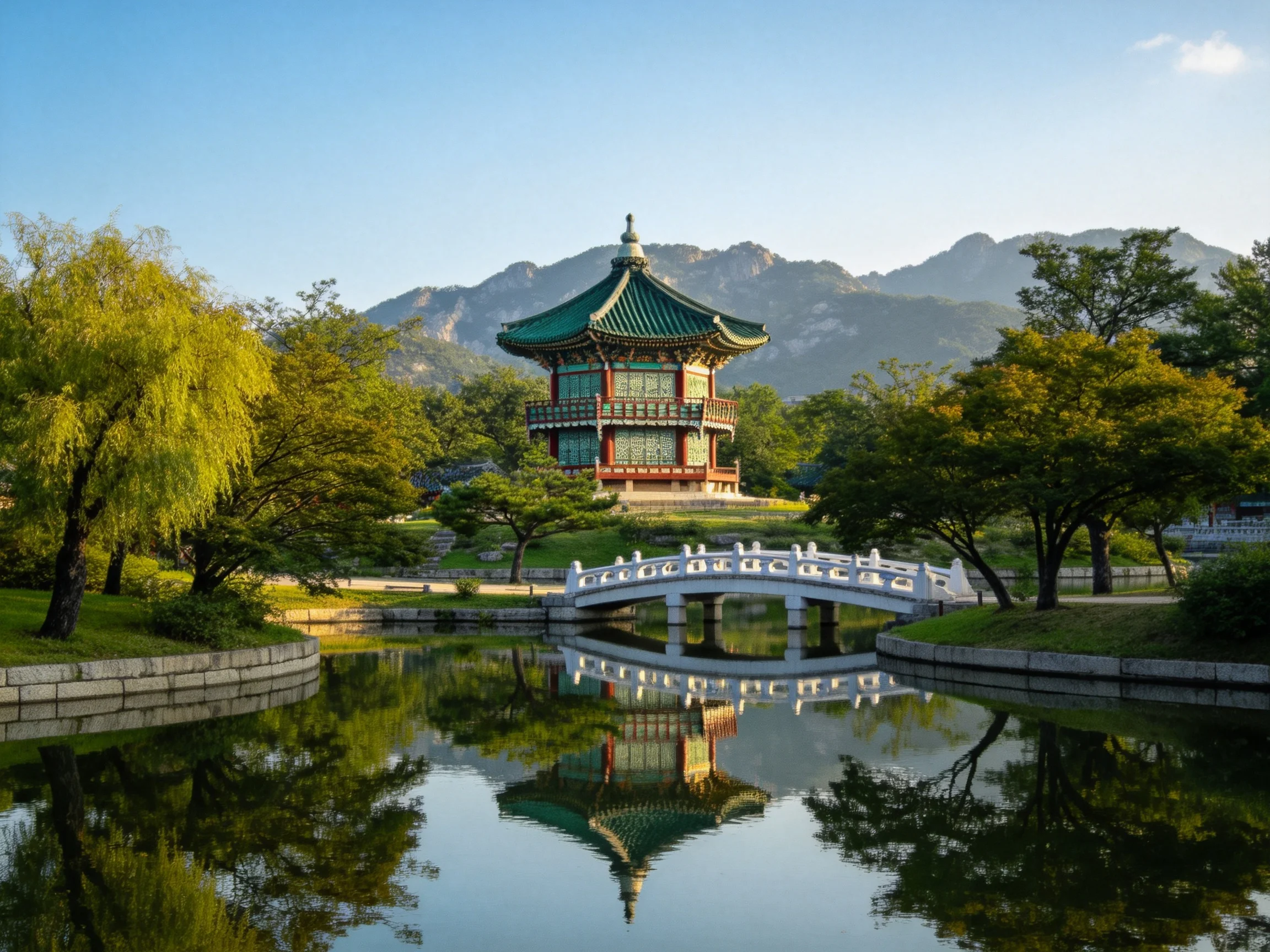 A traditional pagoda with green roof near a reflective pond and white bridge