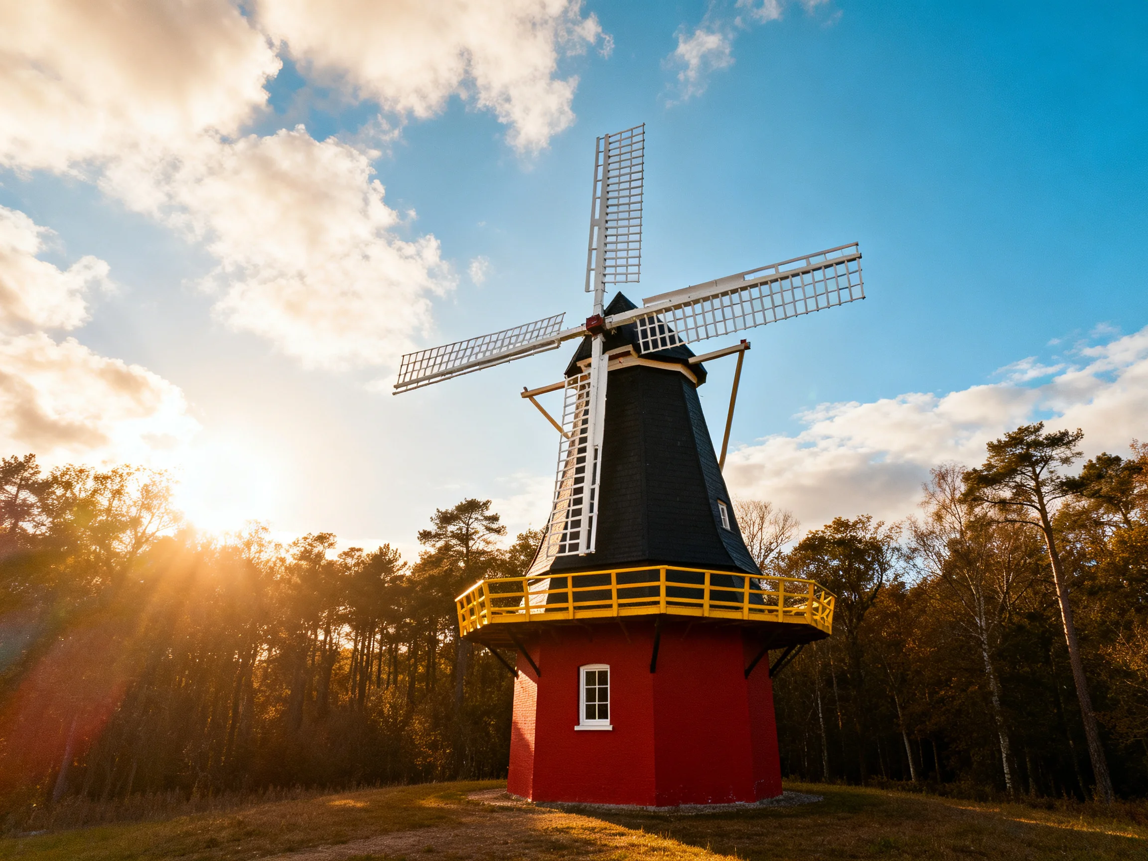 A traditional red and black windmill with white blades near autumn trees
