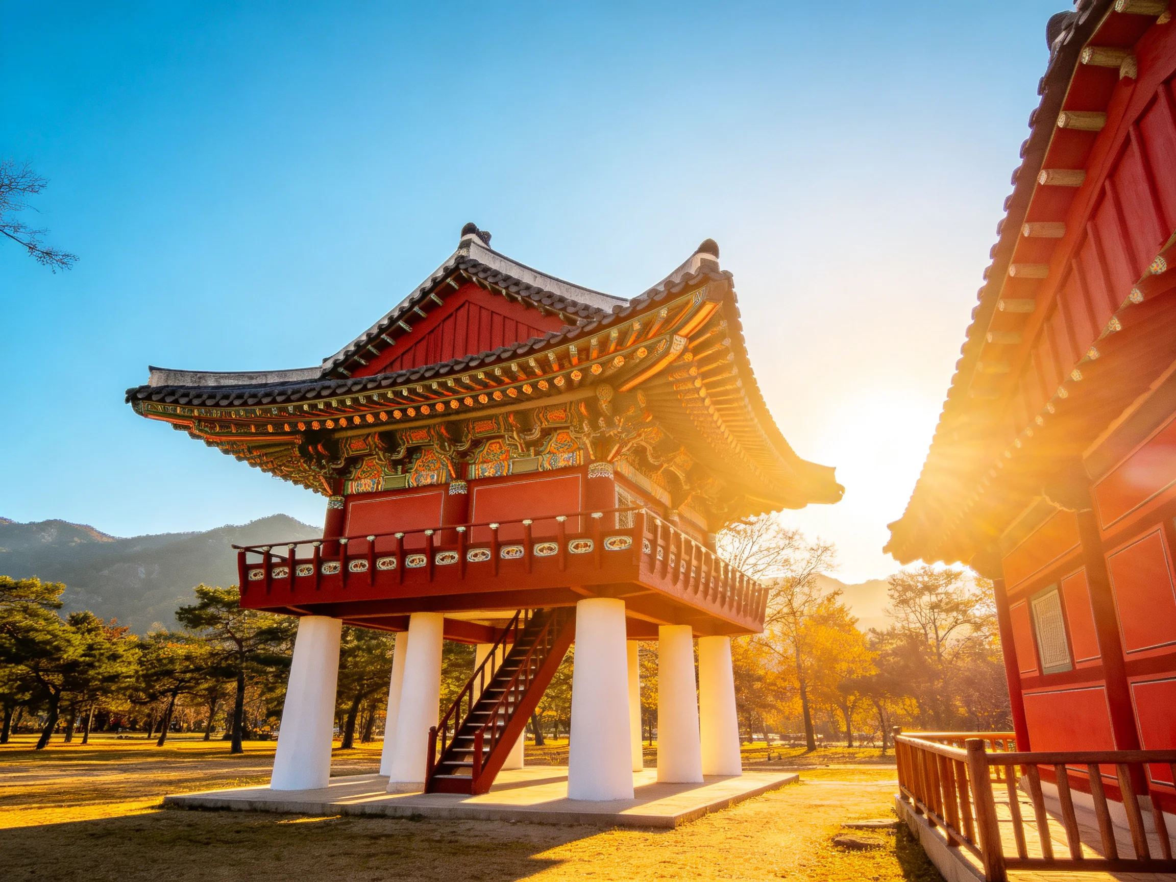 A traditional red pagoda with white pillars under golden sunlight