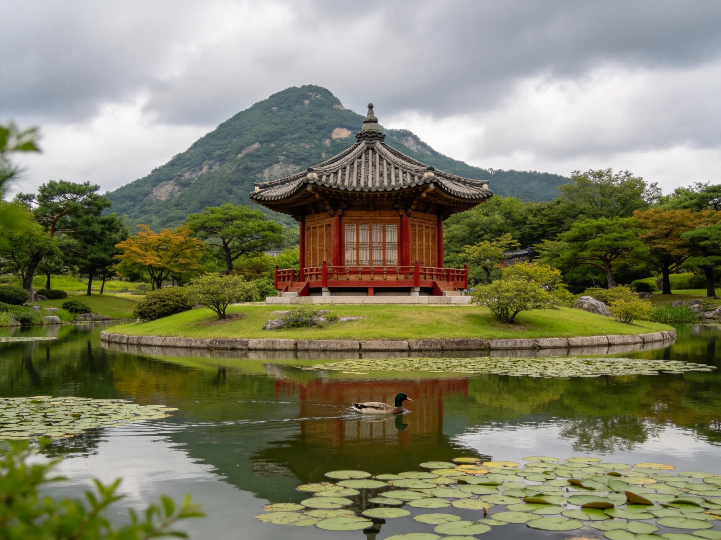 A traditional red pavilion on a pond island with lily pads and mountain backdrop