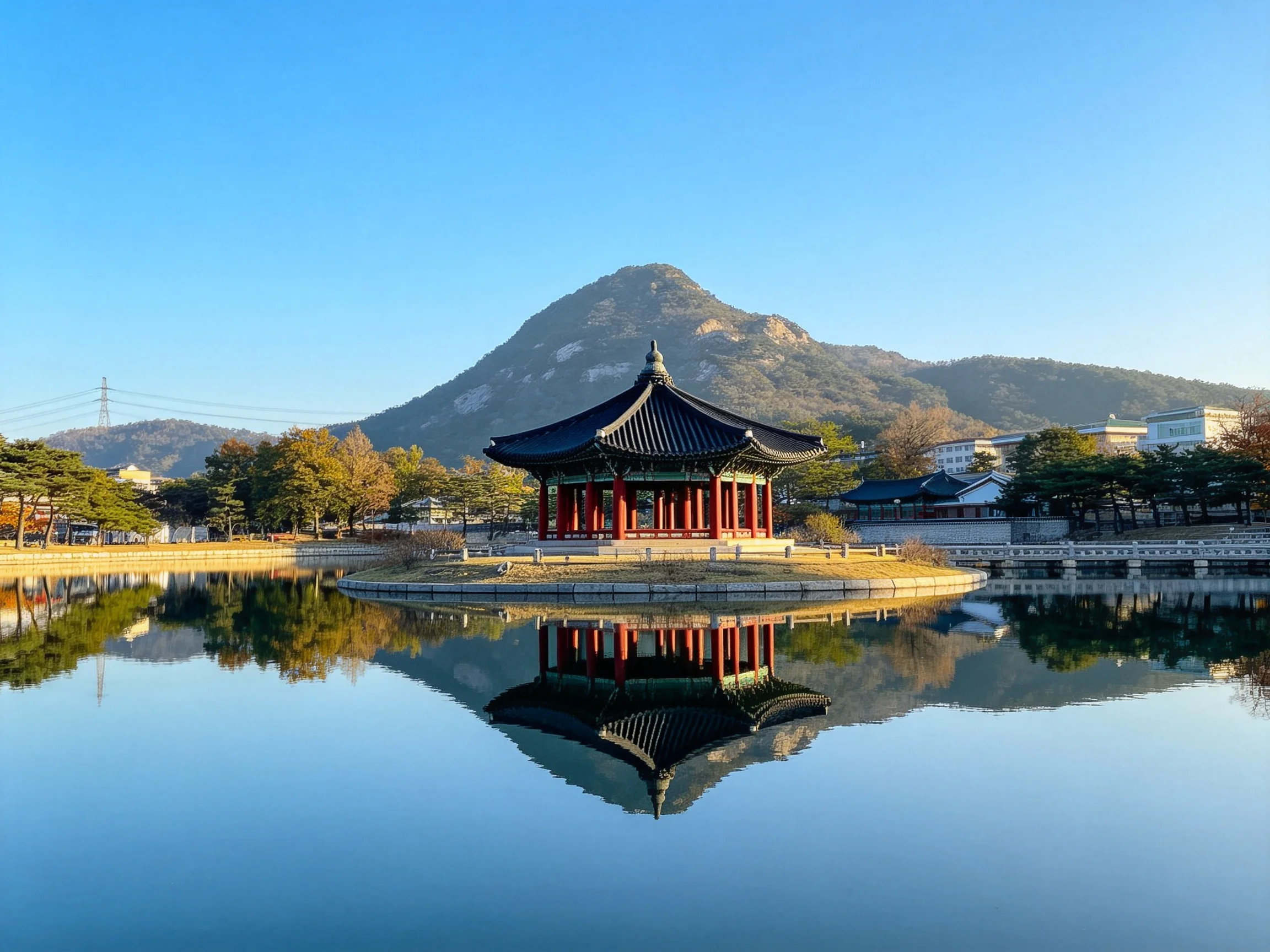 A traditional red pavilion reflects in calm blue waters near green mountains