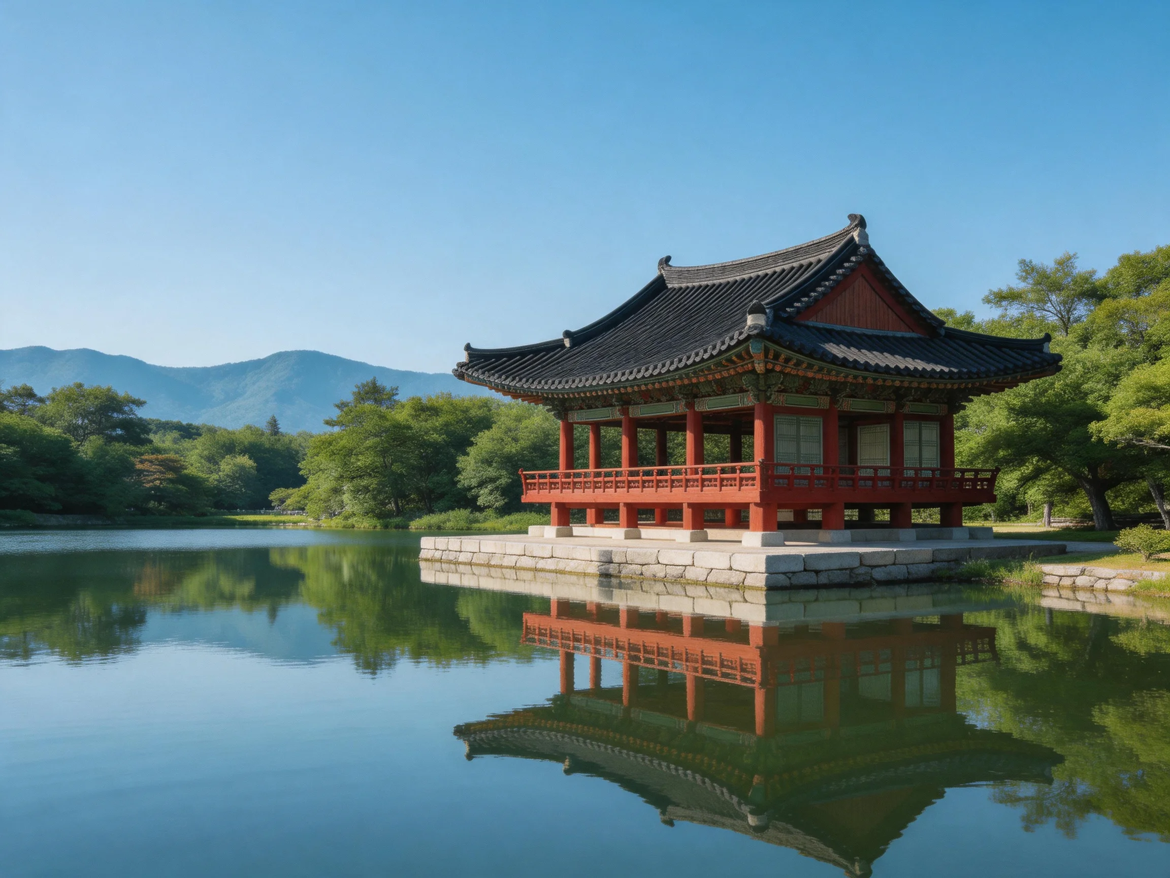 A traditional red pavilion reflects in calm lake waters near lush greenery