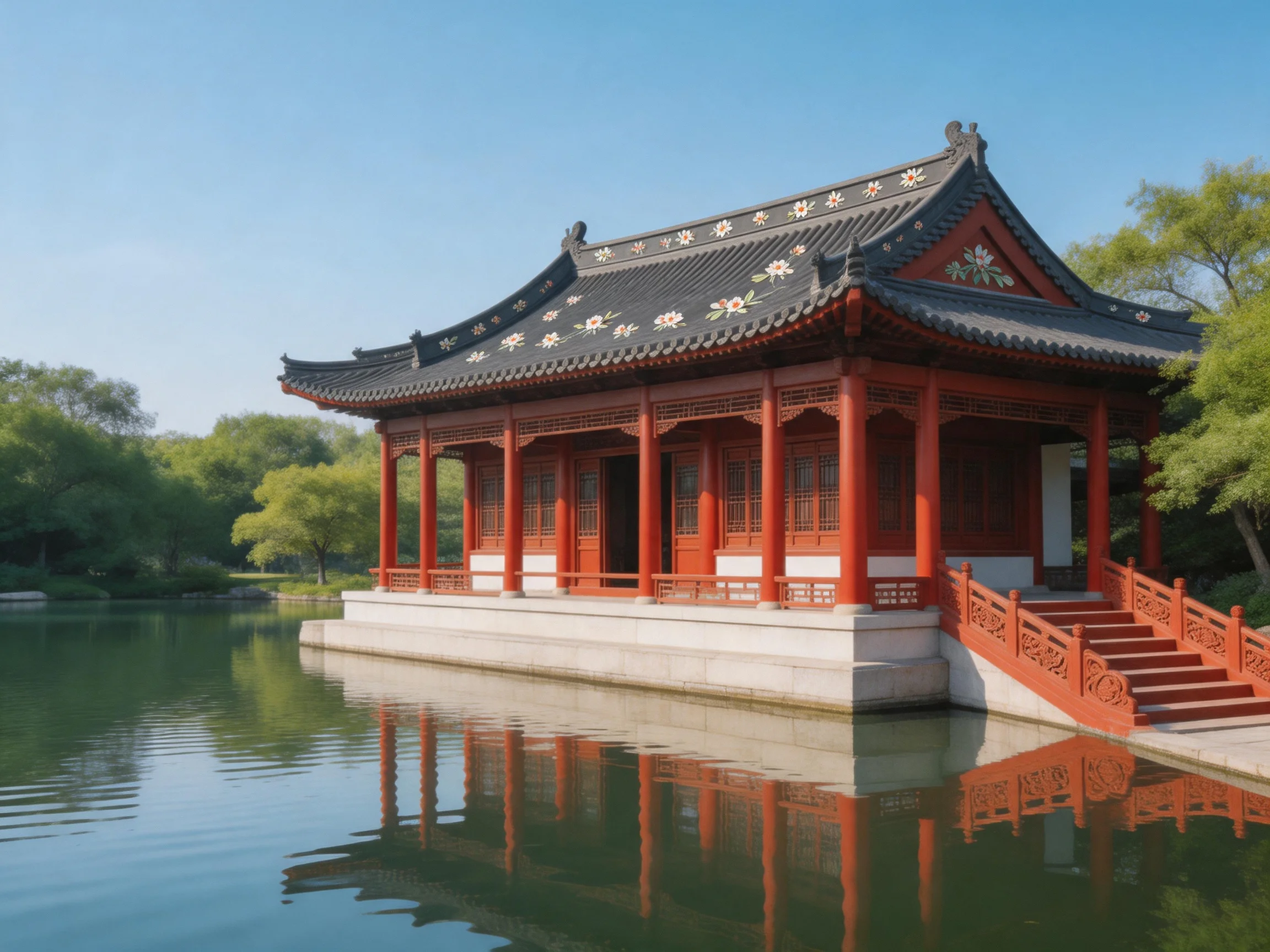 A traditional red wooden pavilion with ornate black roof by calm waters