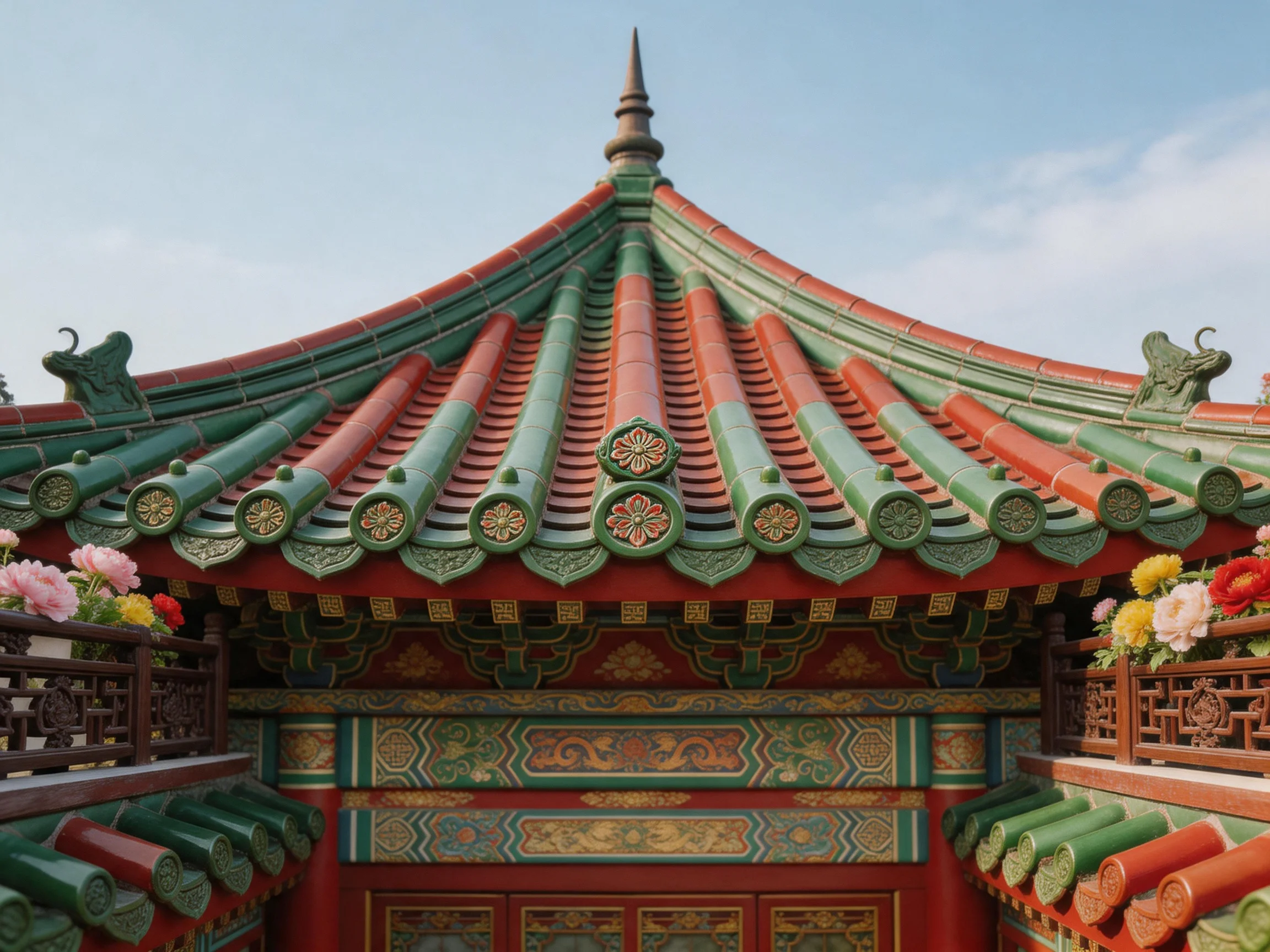 A traditional roof adorned with green and red glazed tiles and decorative elements