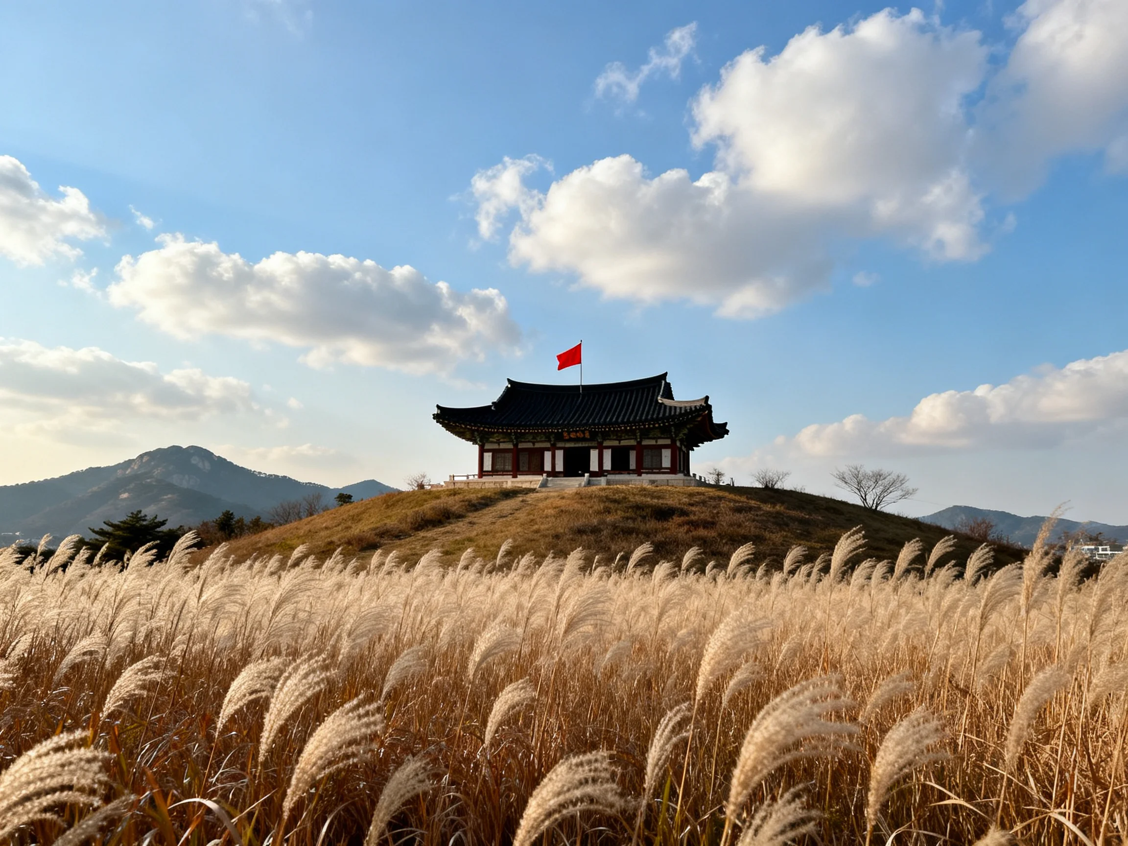 A traditional structure atop a hill with golden grasses and distant mountains